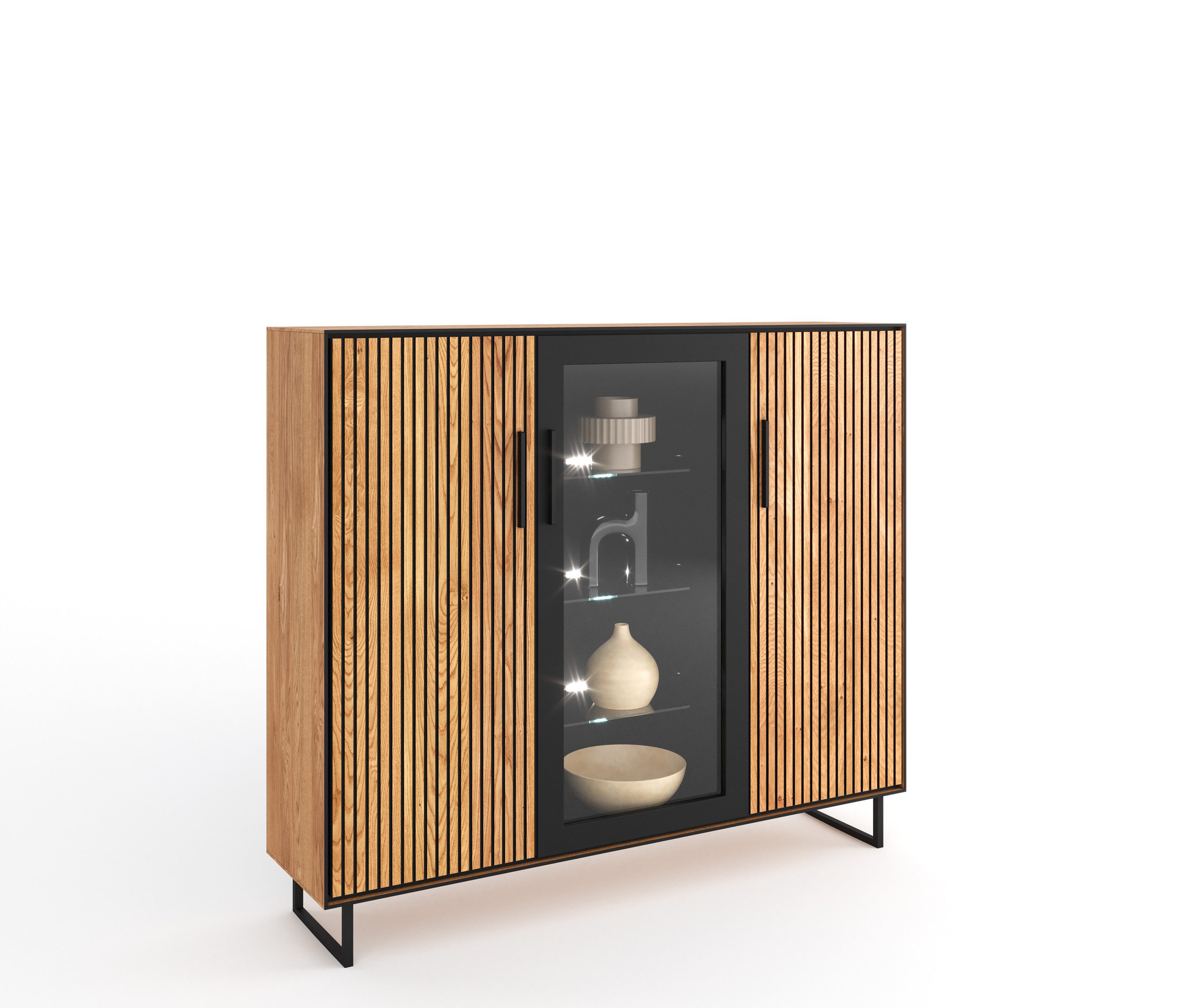Lebenswert Highboard Eddie, in Eiche / schwarz, Eiche teilmassiv - 146x147x40cm (BxHxT)