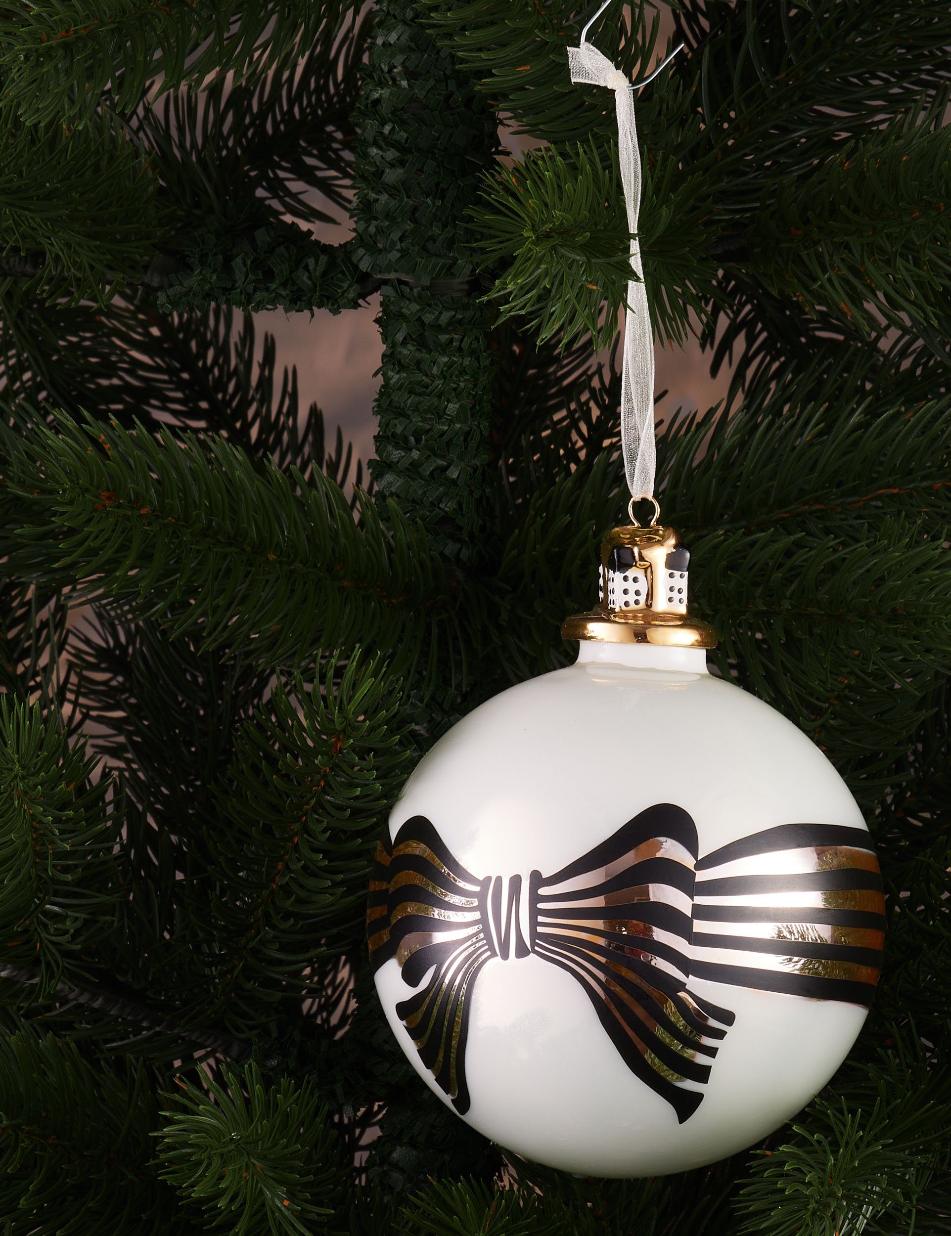Gold aus 10 und (1 aus Weihnachtskugel Weiß, Geschenk Glas - cm BRUBAKER St), Porzellan Schwarz Weihnachtsbaumkugel Schleife Baumkugel Figur Premium mit mit Geschenkbox