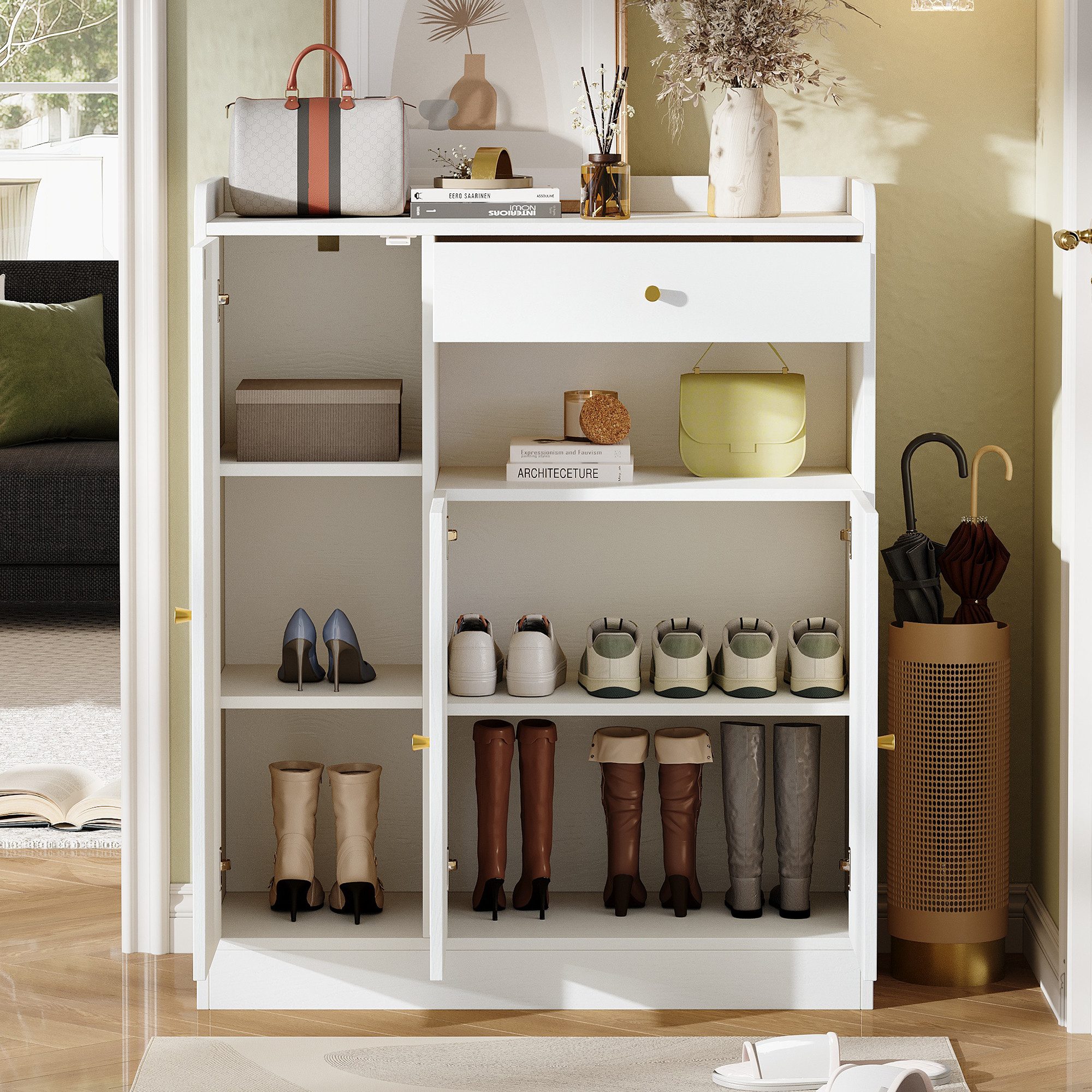 Flieks Schuhschrank Rattan Schuhkommode mit verstellbaren Einlegeböden (B90/T35/H110 cm, 1-St., Schrank für Wohnzimmer, Esszimmer, Flur, Schlafzimmer) Mehrzweckschrank Schuhregal mit 1 Schubladen und 3 Türen Weiß