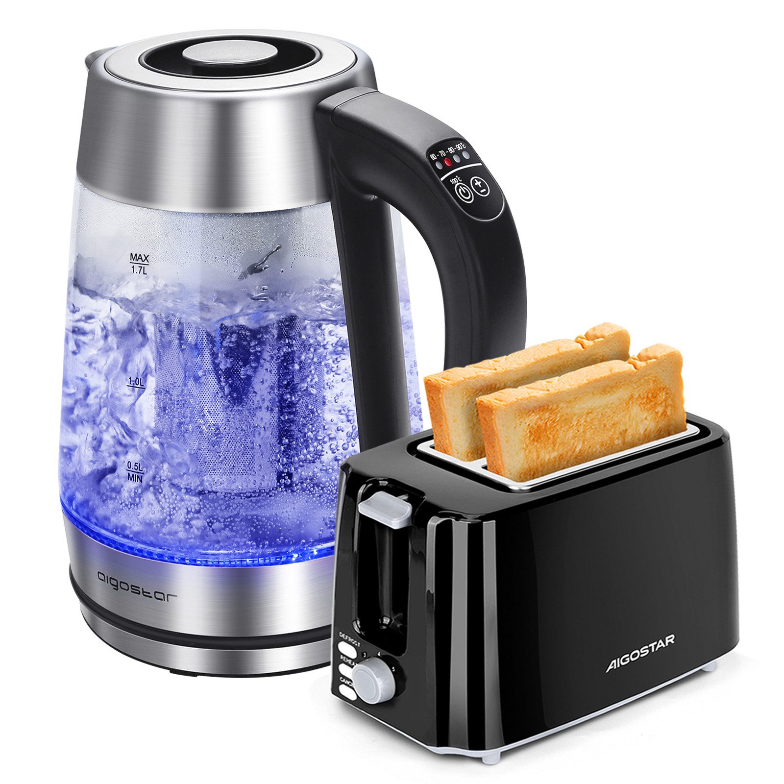 Aigostar Frühstücks-Set (2-tlg), Wasserkocher 1,7L / 2-Scheiben Langschlitz Toaster, Schwarz