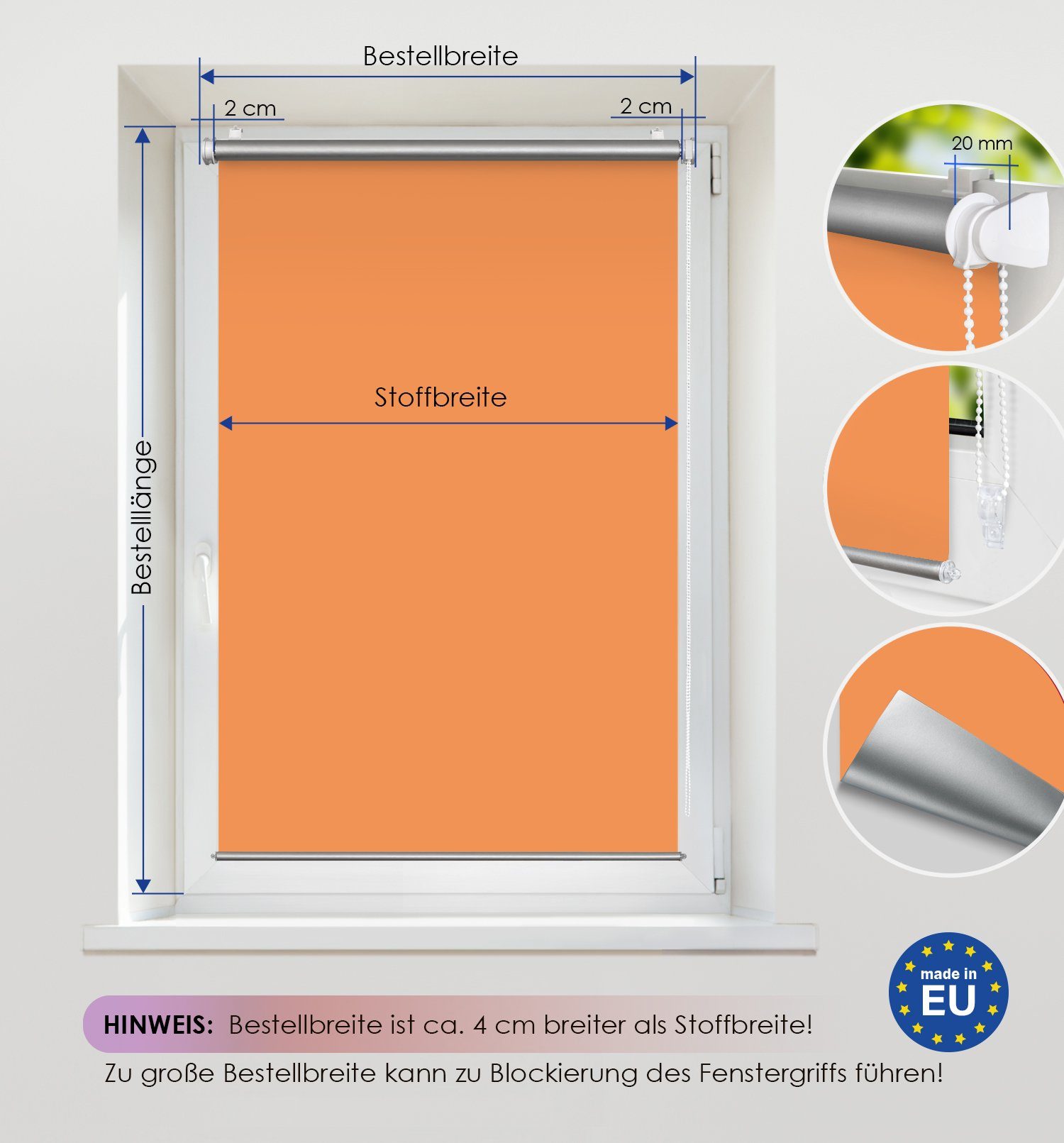 Schraubmontage Rikmani, Seitenzugrollo Sichtschutz, oder Thermorollo Klemm- Fensterrollo Orange Seitenzugrollo