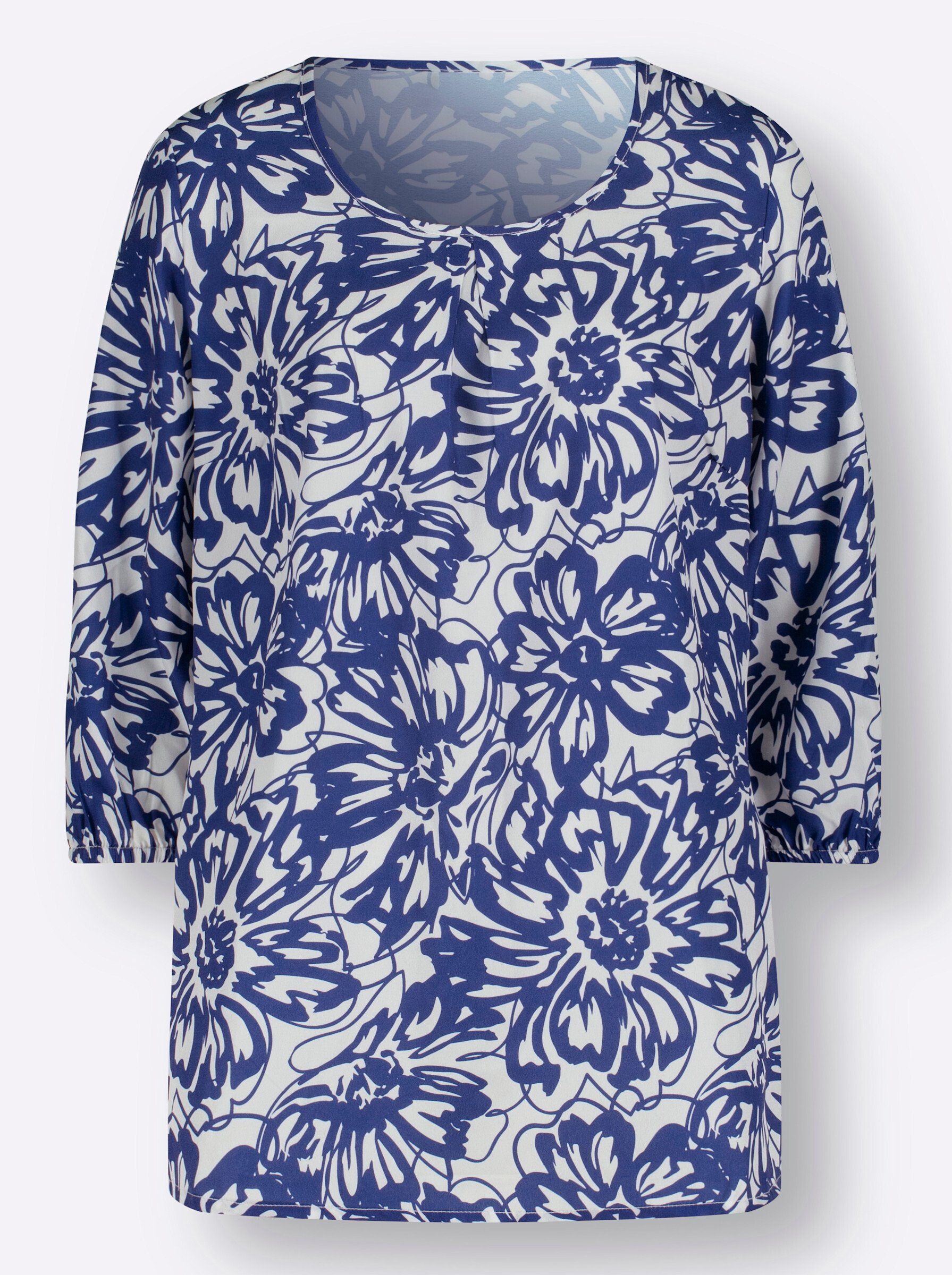 an! ecru-royalblau-bedruckt Klassische Sieh Bluse
