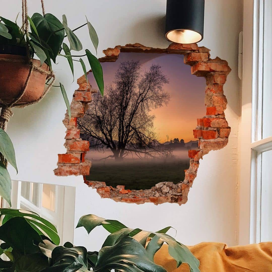 K&L Wall Art Wandtattoo 3D Wandtattoo Aufkleber Cuadrado Baum des Lebens Nebel Wiese The Fog, Mauerdurchbruch Wandbild selbstklebend
