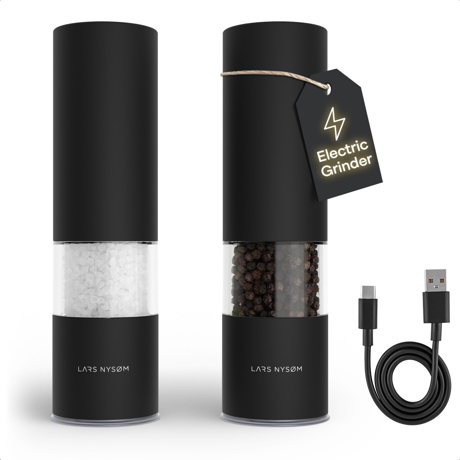 LARS NYSØM Gewürzmühle Stød praktische Einhandbedienung per Drucktaste, (2 Stück), elektrische Salz- & Pfeffermühle mit eingebautem LED-Licht