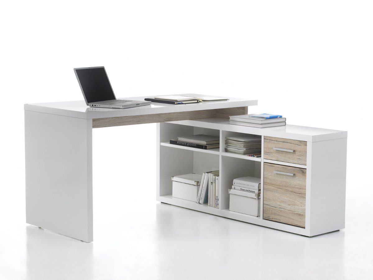 Moebel-Eins Schreibtisch, TOKIO Arbeitsplatz, Material Dekorspanplatte, weiss/Eiche sanremofarbig