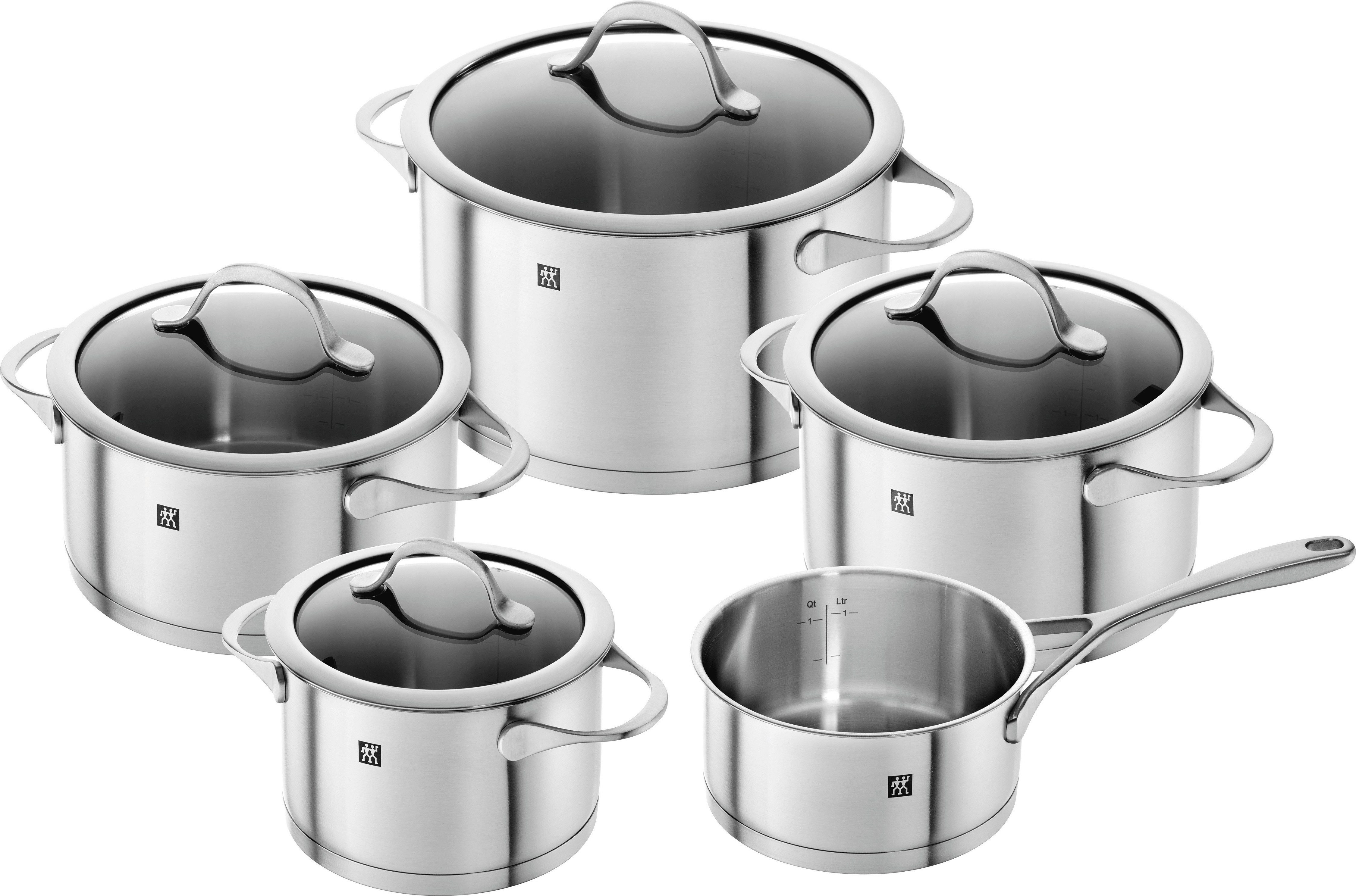 Zwilling Topf-Set Essence, Edelstahl 18/10 (Set, 9-tlg., je 1 Kochtopf Ø 16/20/24 cm, 1 Bratentopf Ø 20 cm, 1 Stieltopf Ø 16 cm), Sandwichboden sehr gute Wärmeverteilung Füllskala Edelstahlgussgriffe