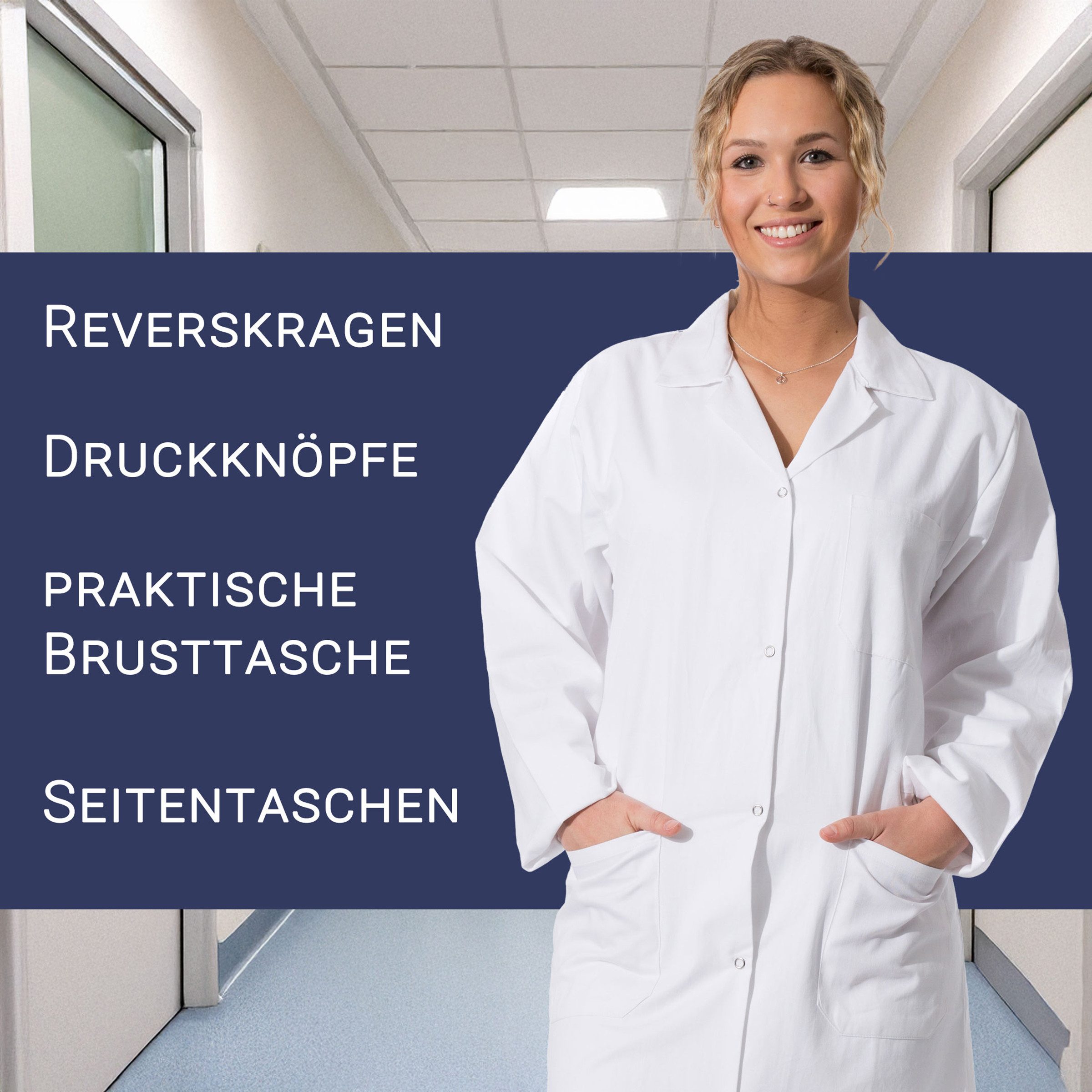 ZOLLNER Arztkittel 65% Polyester, 35% Baumwolle, Damen Größe 36-46, weiß, mit Druckknöpfe