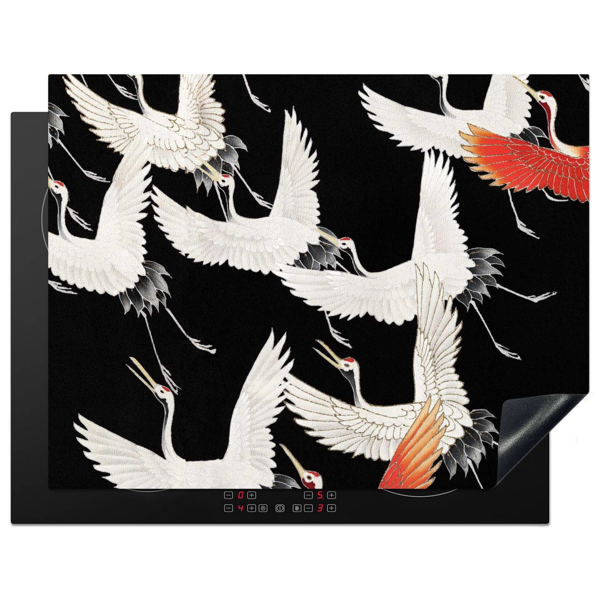 MuchoWow Herdblende-/Abdeckplatte Japanisch - Kranich - Weiß - Rot - Vintage, Vinyl, (1 tlg), 77x59 cm, Ceranfeldabdeckung, Arbeitsplatte für küche