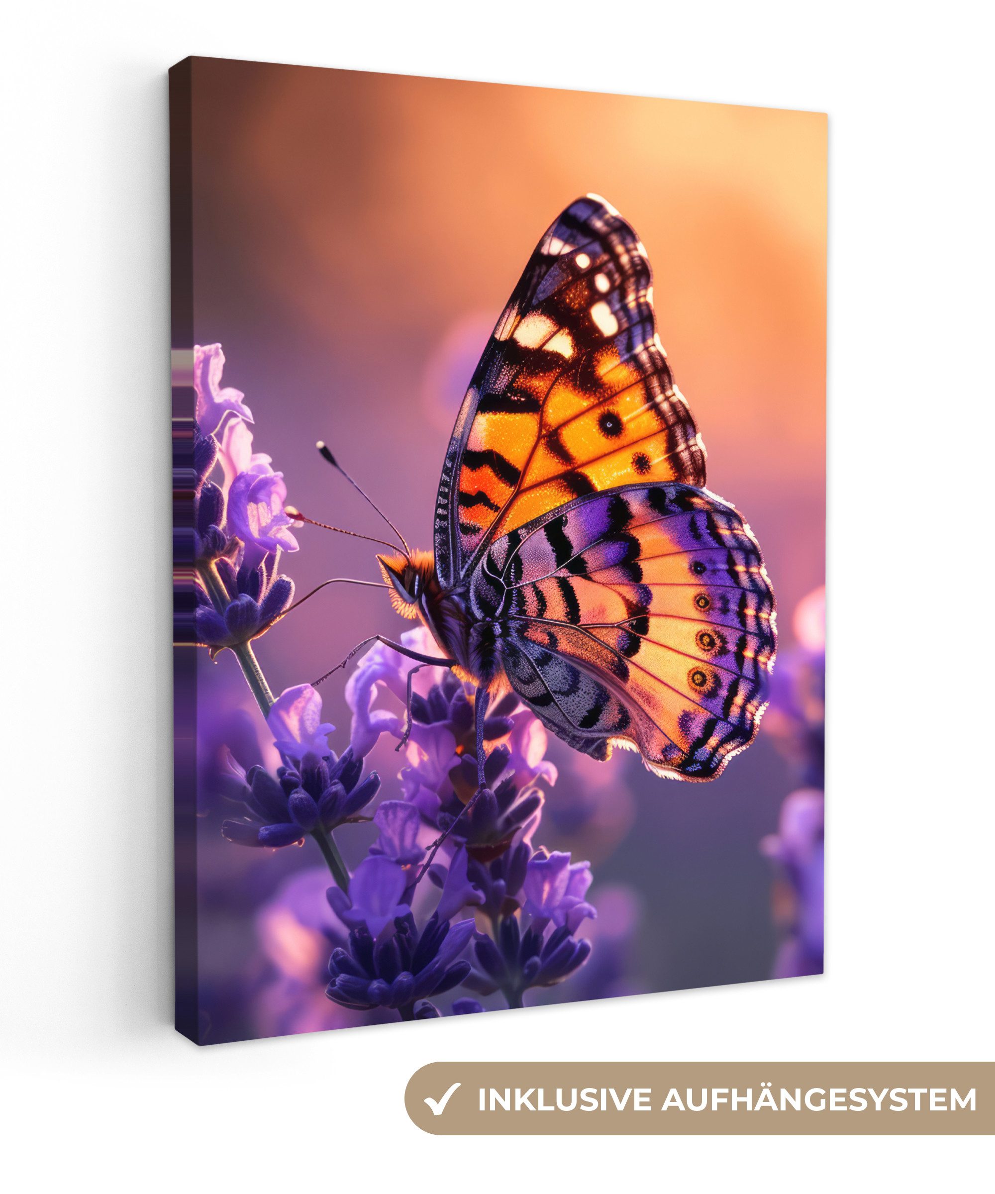 OneMillionCanvasses® Leinwandbild Blumen - Schmetterling - Lavendel - Blume - Natur, Lila - Schmetterling (1 St), Leinwand Bilder für Wohnzimmer Schlafzimmer 30x40 cm