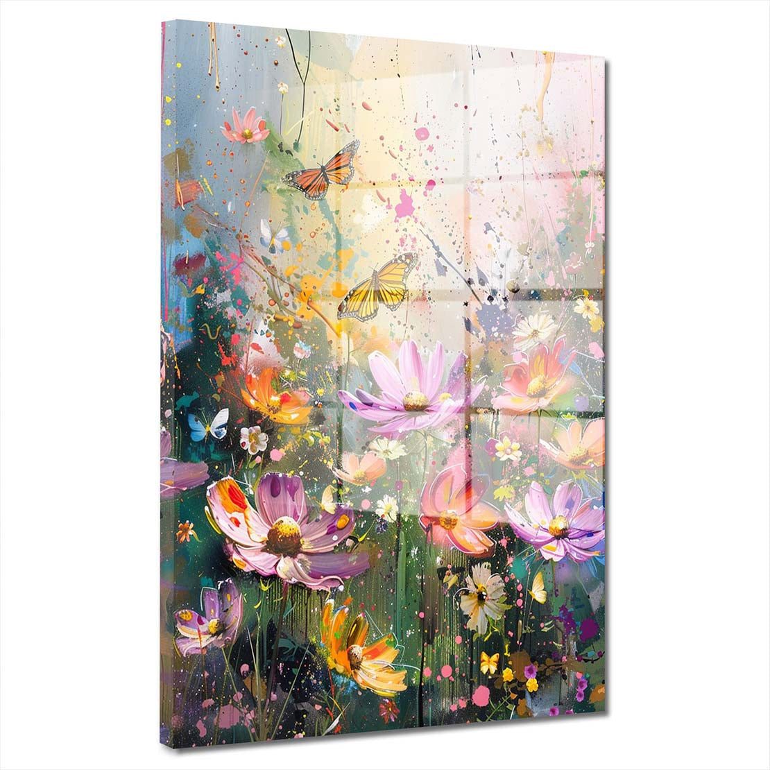 Artedinoi Acrylglasbild Farbenfrohe Blumenwiese mit Schmetterlingen Acrylglas Wandbild Bild Wa
