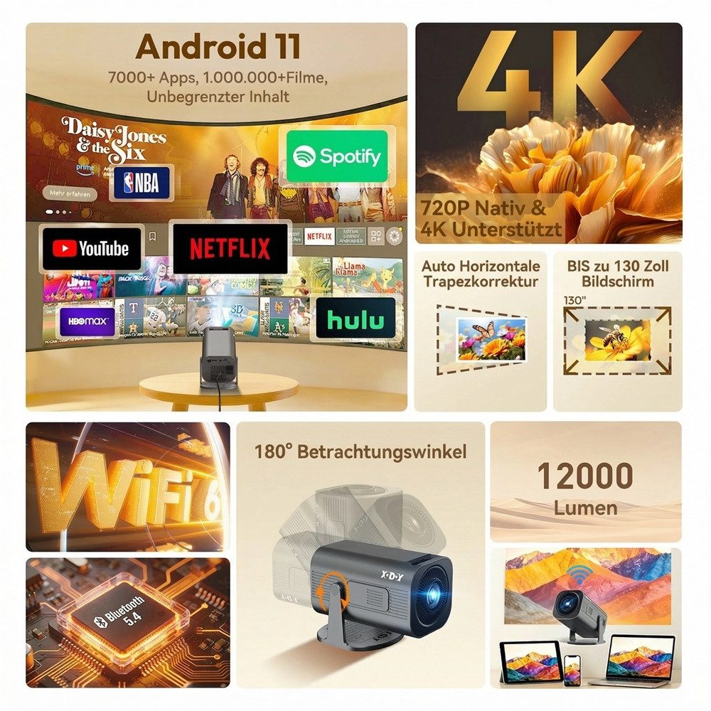 XGODY 2026 Neu Tragbarer Projektor Gimbal 3Pro 4K Android 11 Wifi6 BT 5.4 Mini-Beamer (12000 lm, 10000:1, 3840 x 2160 px, Android OS mit App-Store, Youtube, Netflix, Prime Video etc)