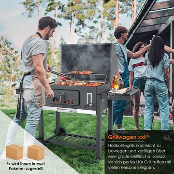 TLGREEN Holzkohlegrill, Grillwagen xxl, BBQ Grill mit Deckel & Rädern, Smoker für Camping