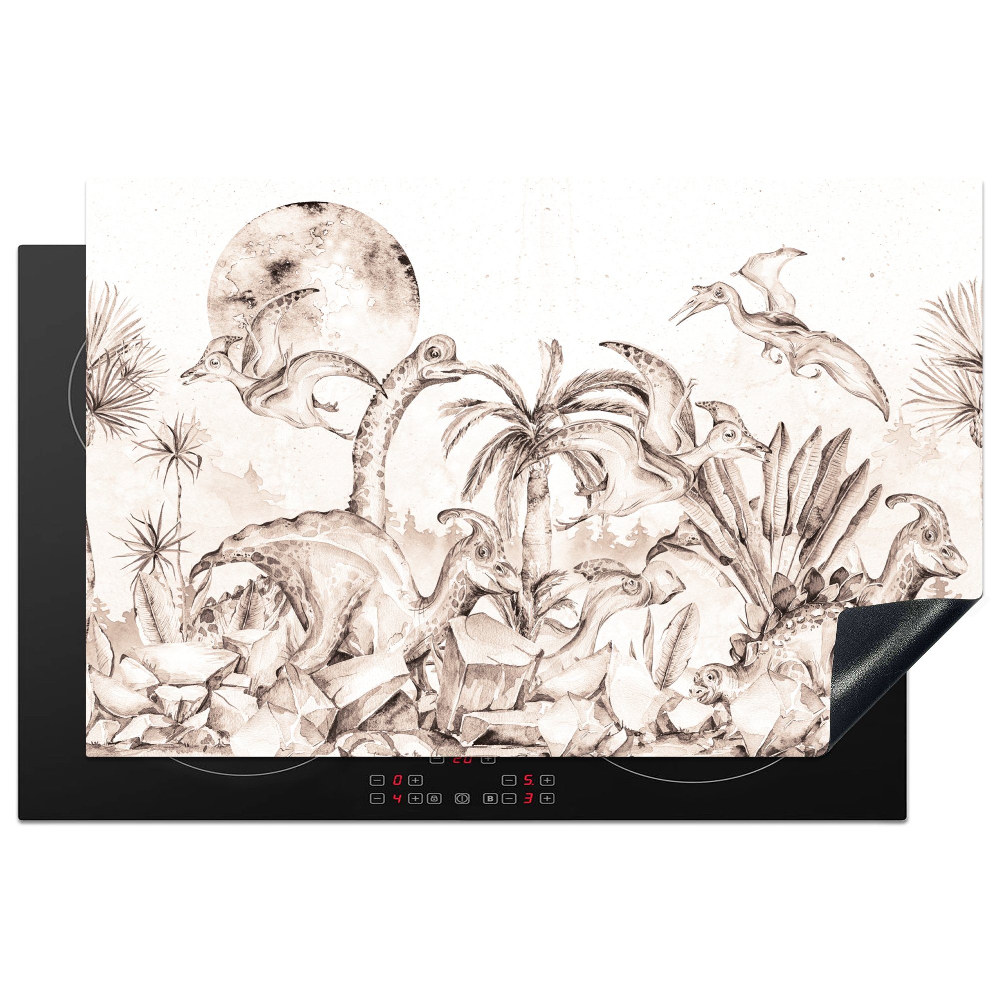 MuchoWow Herdblende-/Abdeckplatte Dino - Kinder - Dschungel - Pflanzen - Kinder, Vinyl, (1 tlg), 81x52 cm, Induktionskochfeld Schutz für die küche, Ceranfeldabdeckung