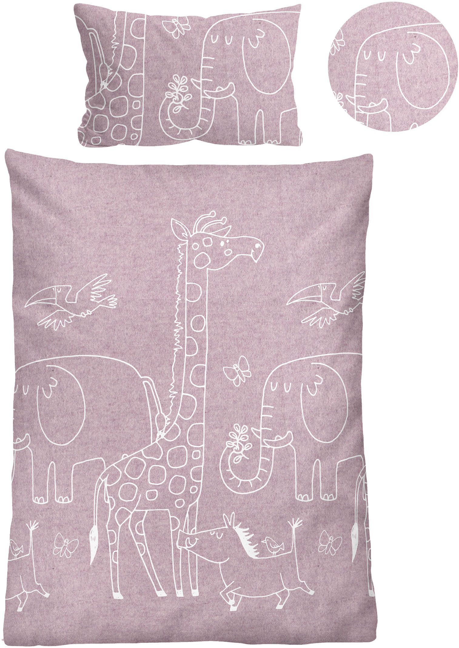 Biberna Kinderbettwäsche 0840520 Safari, Tiere Afrika, Flanell, 2 teilig, kuschelig warm, samtweich, Melange, 100% Baumwolle, made in Germany