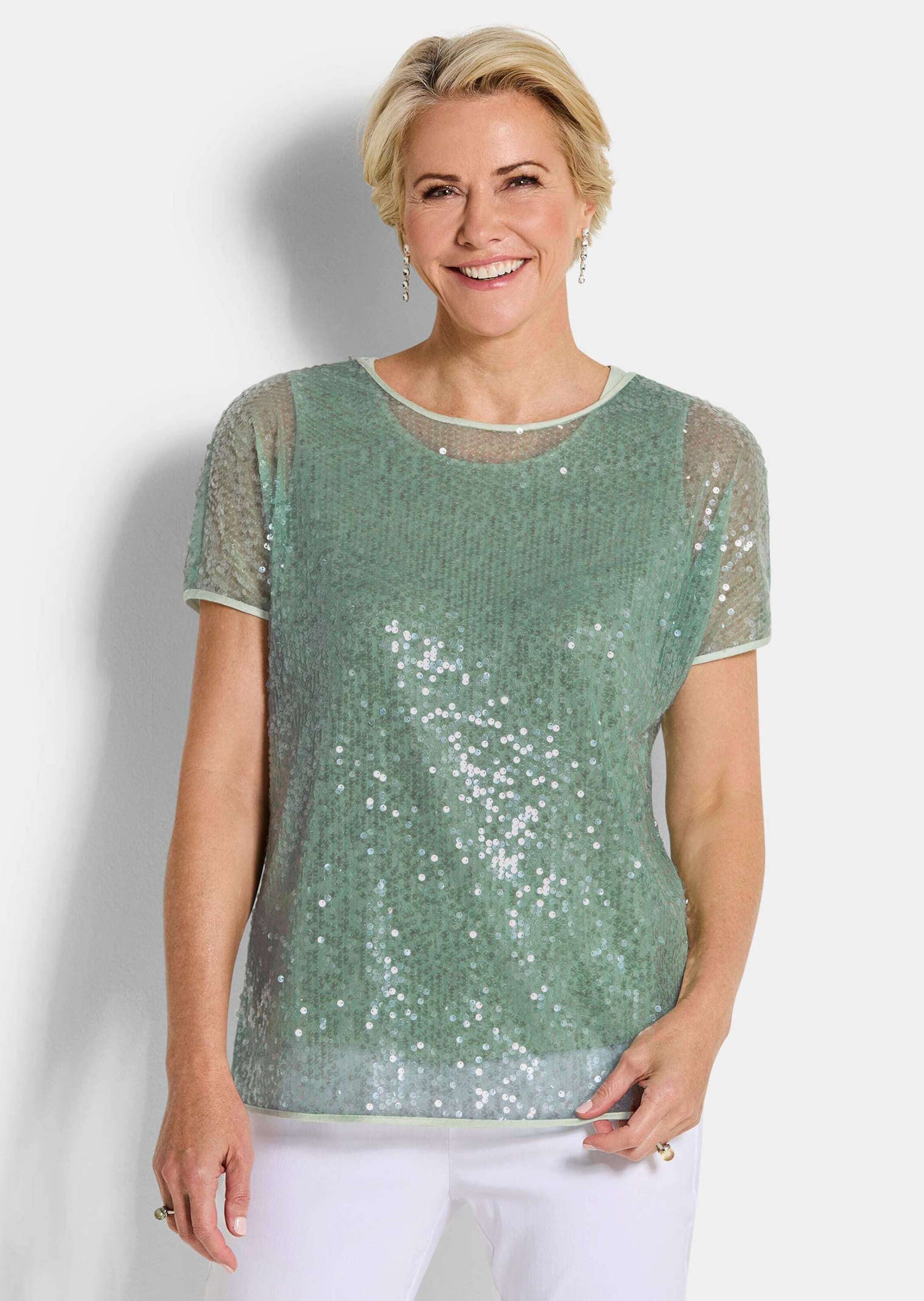 GOLDNER Klassische Bluse Schlupfbluse in schimmerndem Design Schlupfbluse mit U-Boot-Ausschnitt, Satinbändern und Kurzarm