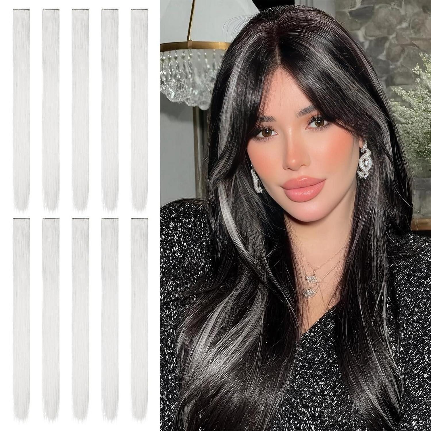 LuxusKollektion Kunsthaar-Extension Haarverlängerung Clip in 56 cm 10 Pcs Mehrfarbig Glatt Silber grau