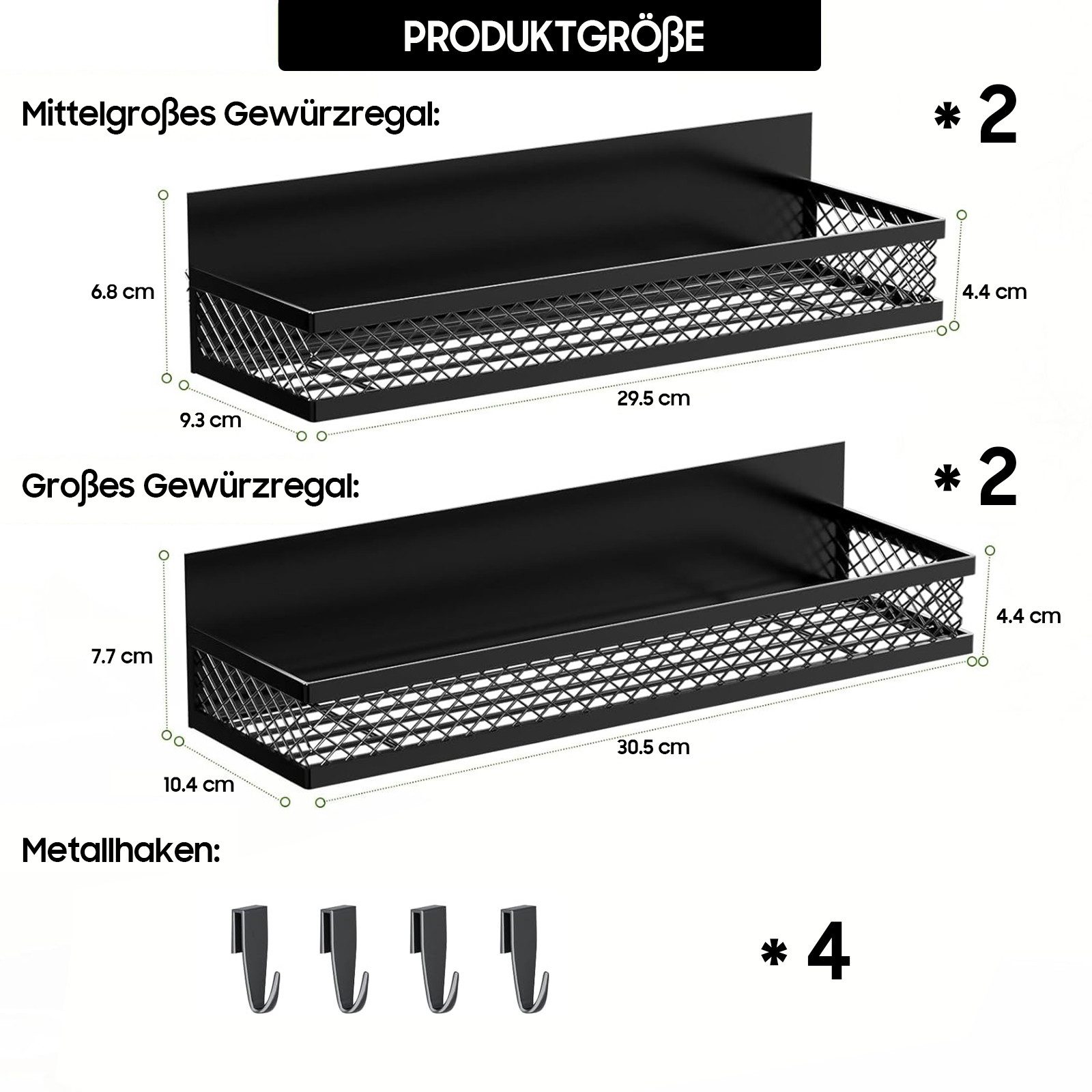 SURFOU Regal Magnetisches Gewürzregal, Kühlschrank-Organizer, 4 Stück, Metall, Kühlschrank Magnet Organizer mit beweglichen 4 Haken, Ohne Bohren