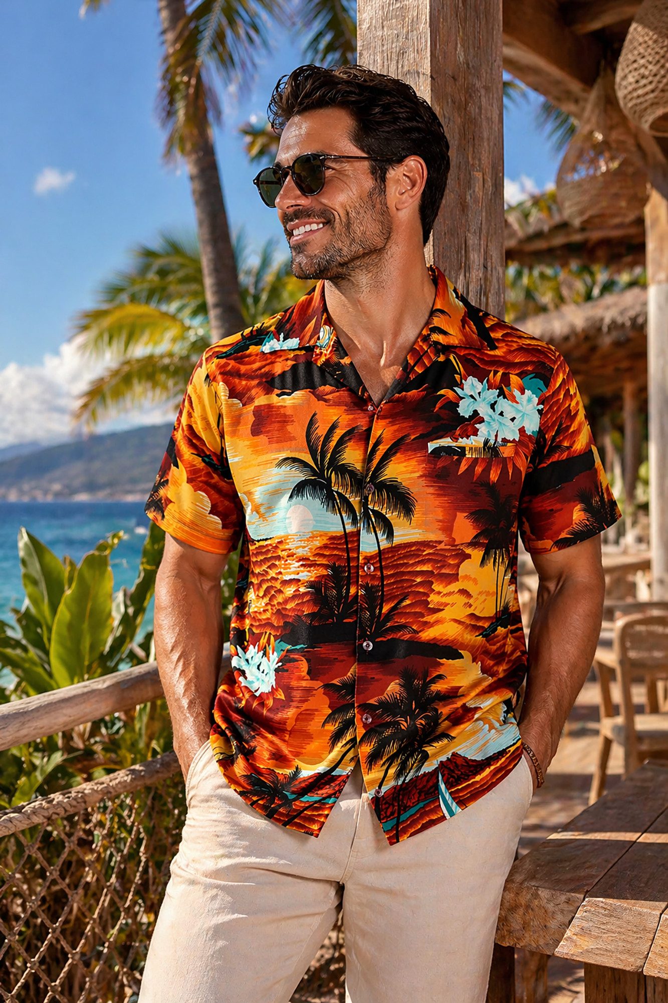 King Kameha Hawaiihemd "Surf" Funky Hawaii-Hemd Herren Kurzarm Front-Tasche Sommerhemd