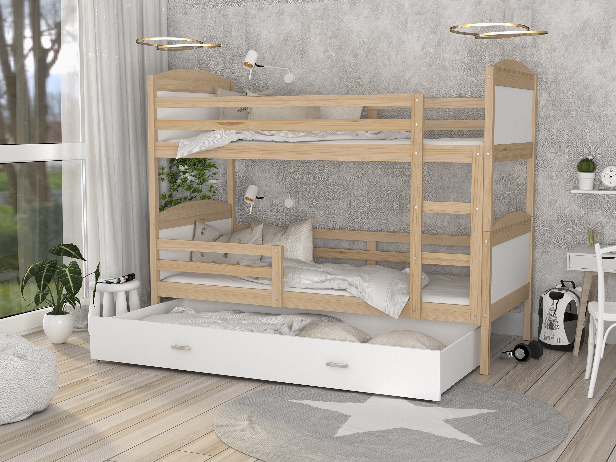 Siblo Kinderbett Mati (Flexibler Lattenrost, Schublade, Sicherheitsbarriere), Massivholz, Möbelplatte Kiefer und Weiß