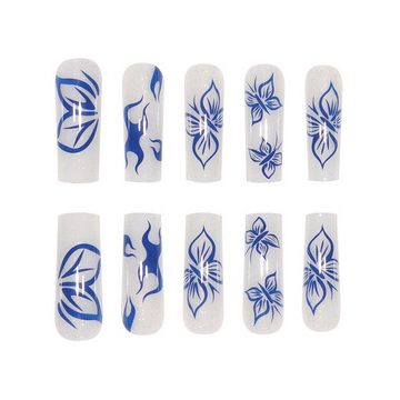 YRIIOMO Kunstfingernägel Fein glitzernde blaue Schmetterlingsnägel, tragbare Nägel, lange Nägel, Maniküre-Patches, künstliche Nägel, Maniküre-Patches