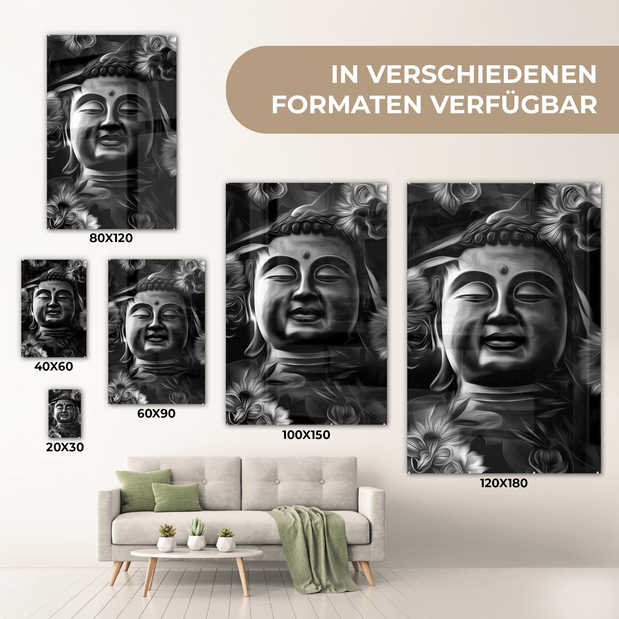 auf Glas - mit Kupferbuddhas St), Wanddekoration Blumen Glasbilder (1 - schwarz und, eines Kopfes Foto des auf Illustration Wandbild MuchoWow Acrylglasbild Glas - - Bilder bunt