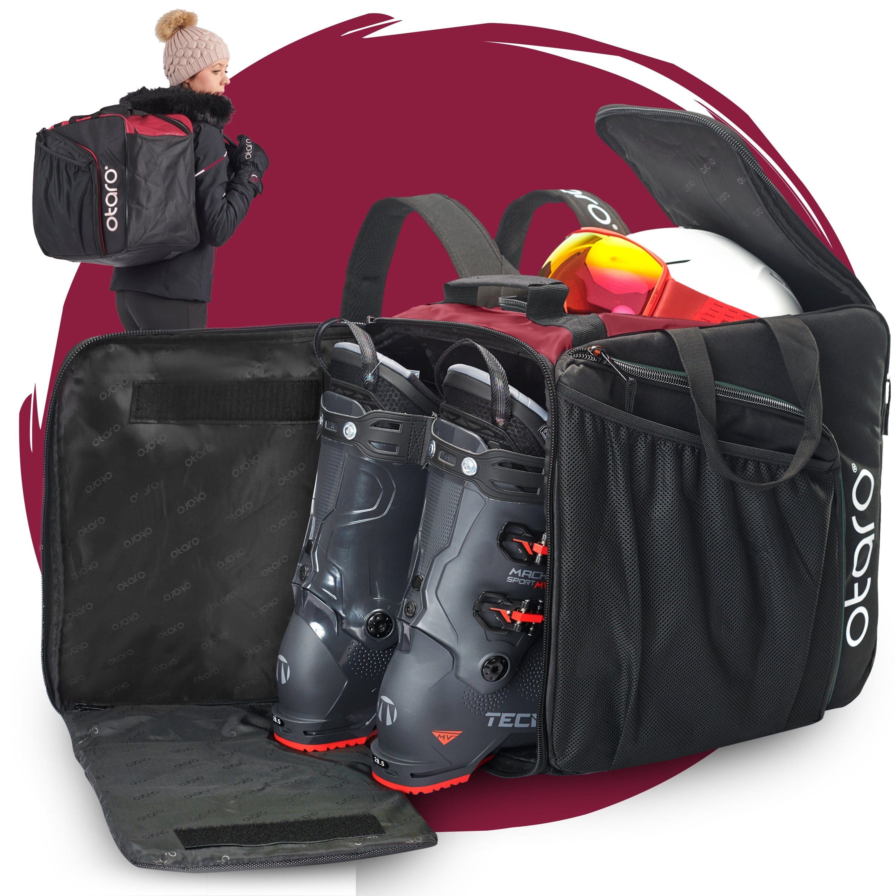 Otaro Sporttasche Skischuhtasche mit Helmfach & bequemen Rucksackträger, Pro 57L (Schutz für deine Ausrüstung, Perfekt durchdacht, ausklappbare Standfläche, für Skifahrer & Boarder) Schwarz Bordeauxrot