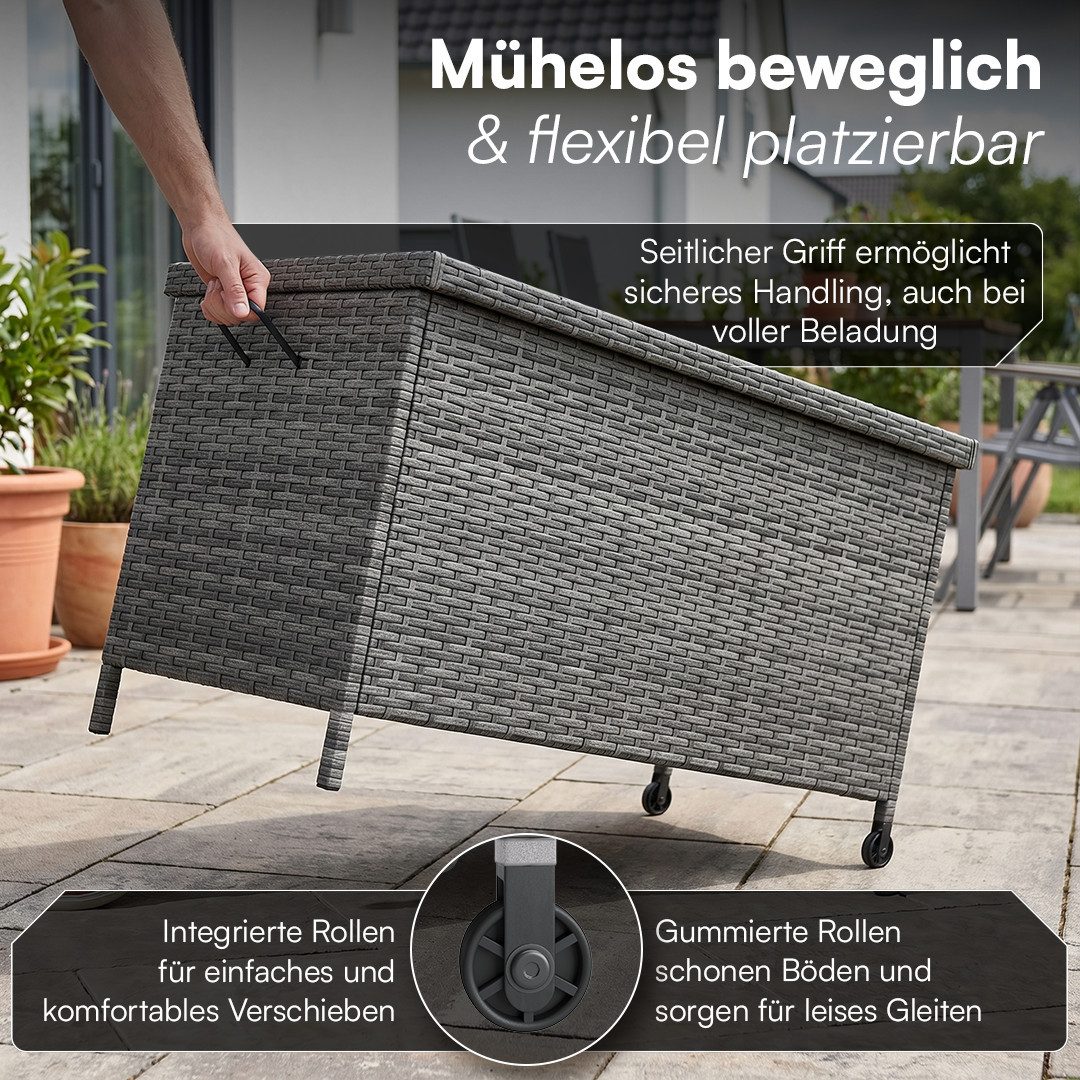 STEELSØN Aufbewahrungsbox Serion Gartenkiste aus Polyrattan (grau, 110 x 55 x 60 cm, mit Rollen), herausnehmbare Innenplane, wetterfeste Gartenbox mit Metallges – Bild 4 von 5