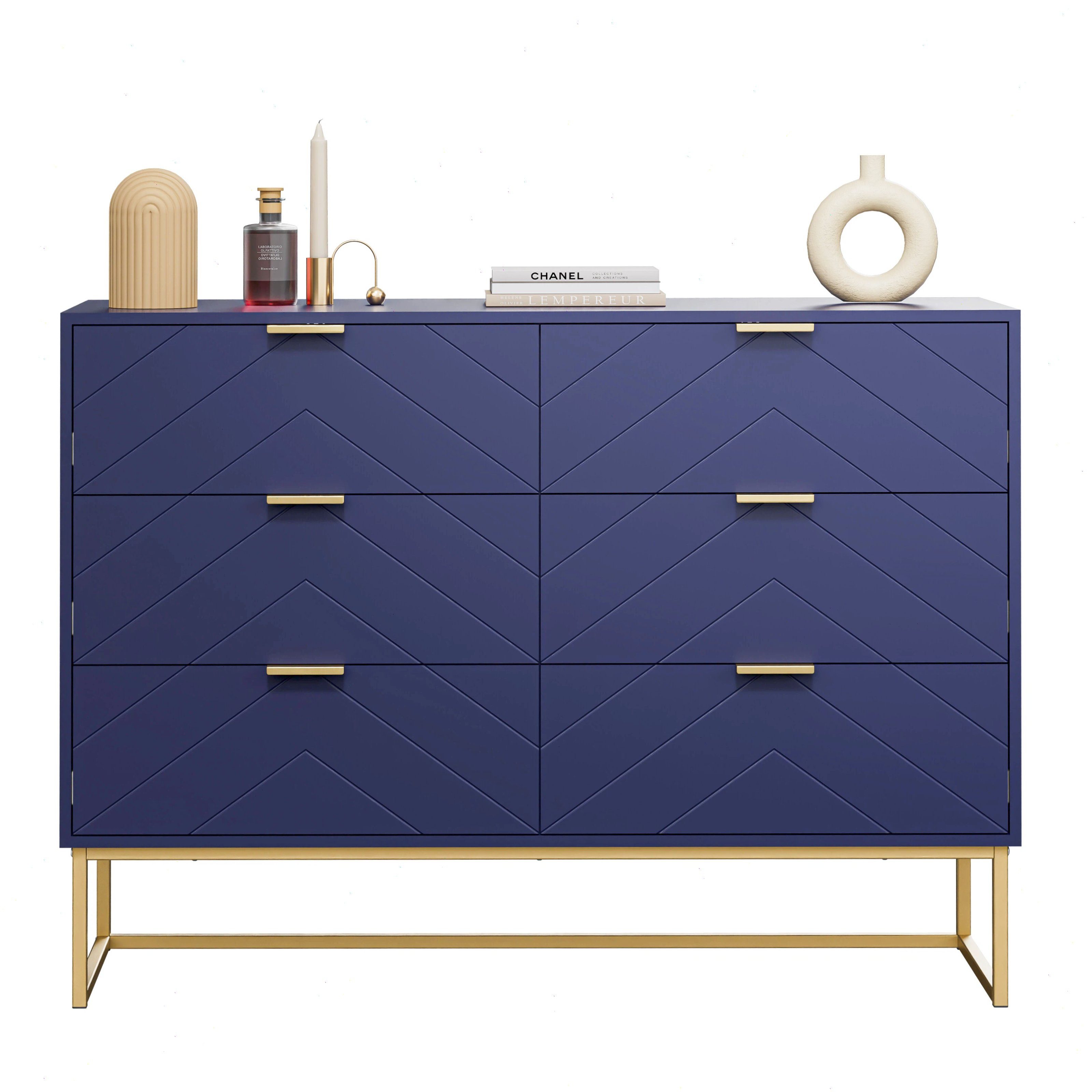 UEV Sideboard mit 6 Schubladen, Highboard Mehrzweckschrank mit Kisppschutz (für Wohnzimmer Schlafzimmer Büro Flur, 100x34x73,5cm), Küchenschrank Buffet TV Board Schrank mit Füße Aufbewahrungsschrank