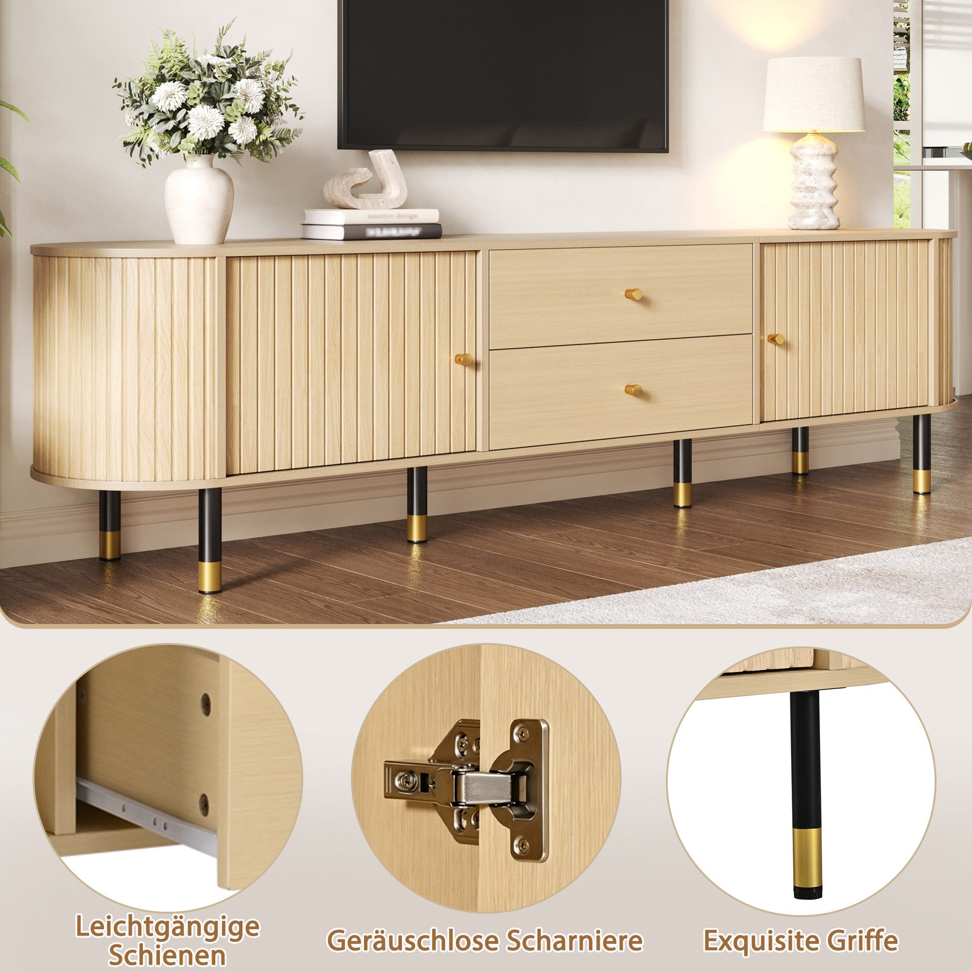 HAUSS SPOLE TV-Schrank mit Schiebetüren & Schubladen,Lowboard 180x40x58cm Holzoptik,Natur (Wohnzimmer-Medienkonsole Fernsehschrank mit abgerundetem Design und Holzmaserung) Fernsehbank TV-Ständer mit 2 Schubladen und 6 Standbeinen