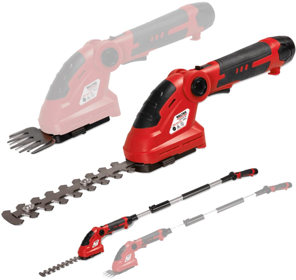 WALTER Akku-Grasschere 12V Akku Grasschere Heckenschere 2in1 inkl. Akku und Teleskopstange, Inkl. stufenlos verstellbarer Teleskopstange