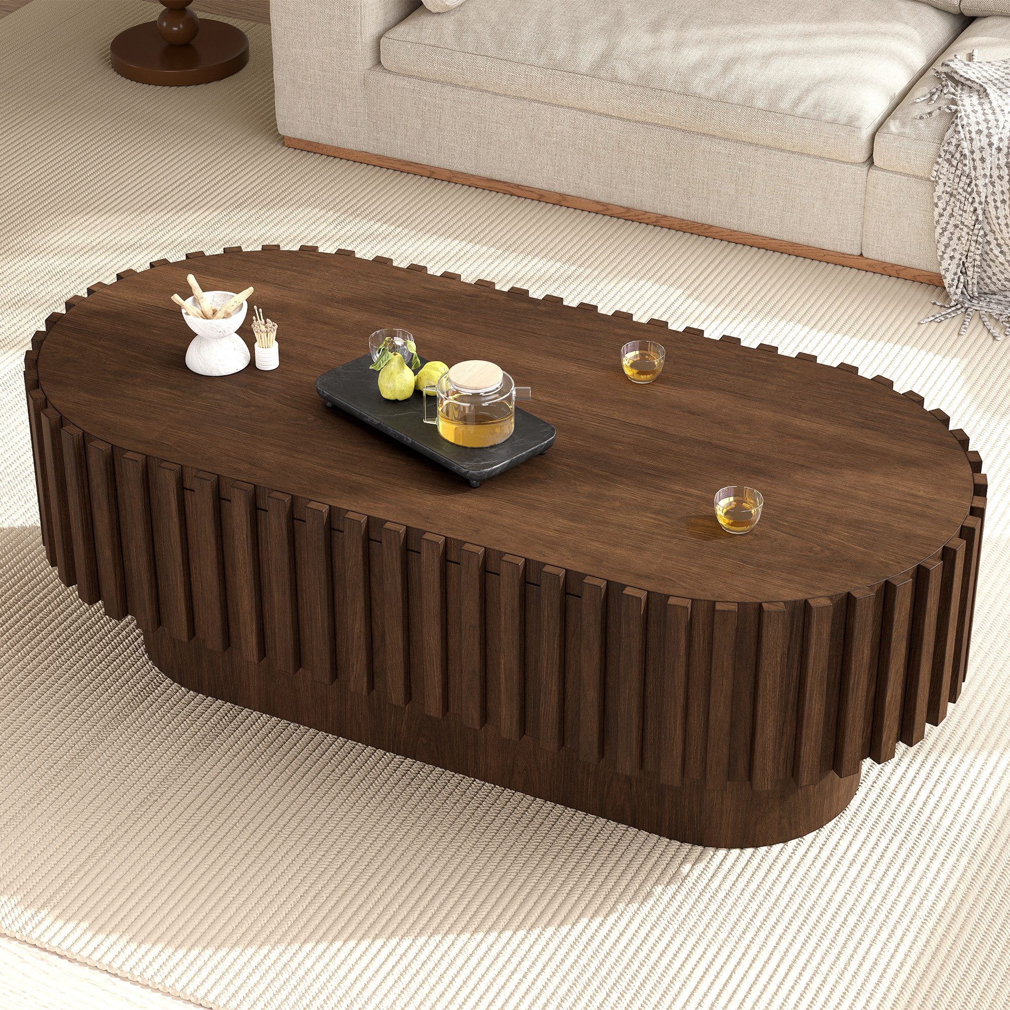 Celya Couchtisch Oval 100×50×35.5 cm,mit Schublade, dekorative vertikale Lamellen‑Optik (Stabiler Holz Wohnzimmertisch, Beistelltisch für Wohnzimmer), max. Belastung 20 kg