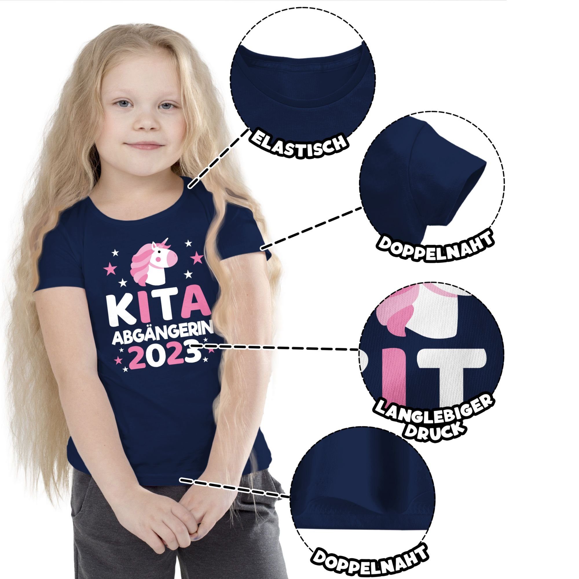 1 T-Shirt Mädchen Kita Abgängerin Blau Shirtracer 2023 Navy Einhorn Einschulung