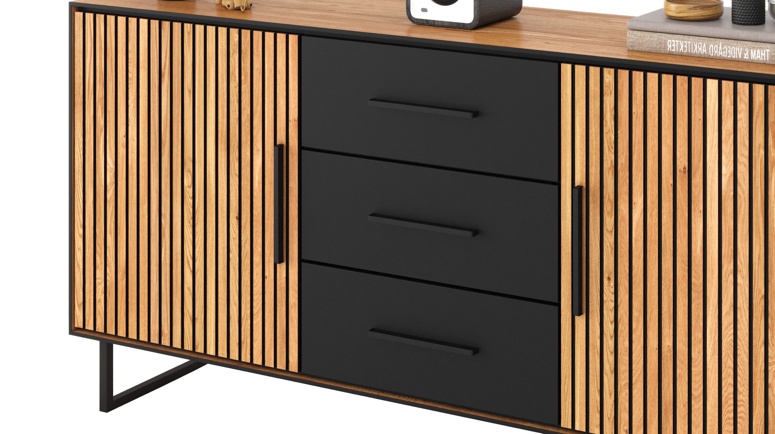 Massivart® Sideboard BELLA 163 cm / Massivholz Eiche geölt / Metallgriffe schwarz, 2 Türen / 3 Schubladen / 2 Einlegeböden / Soft-Close-Funktion – Bild 4 von 4