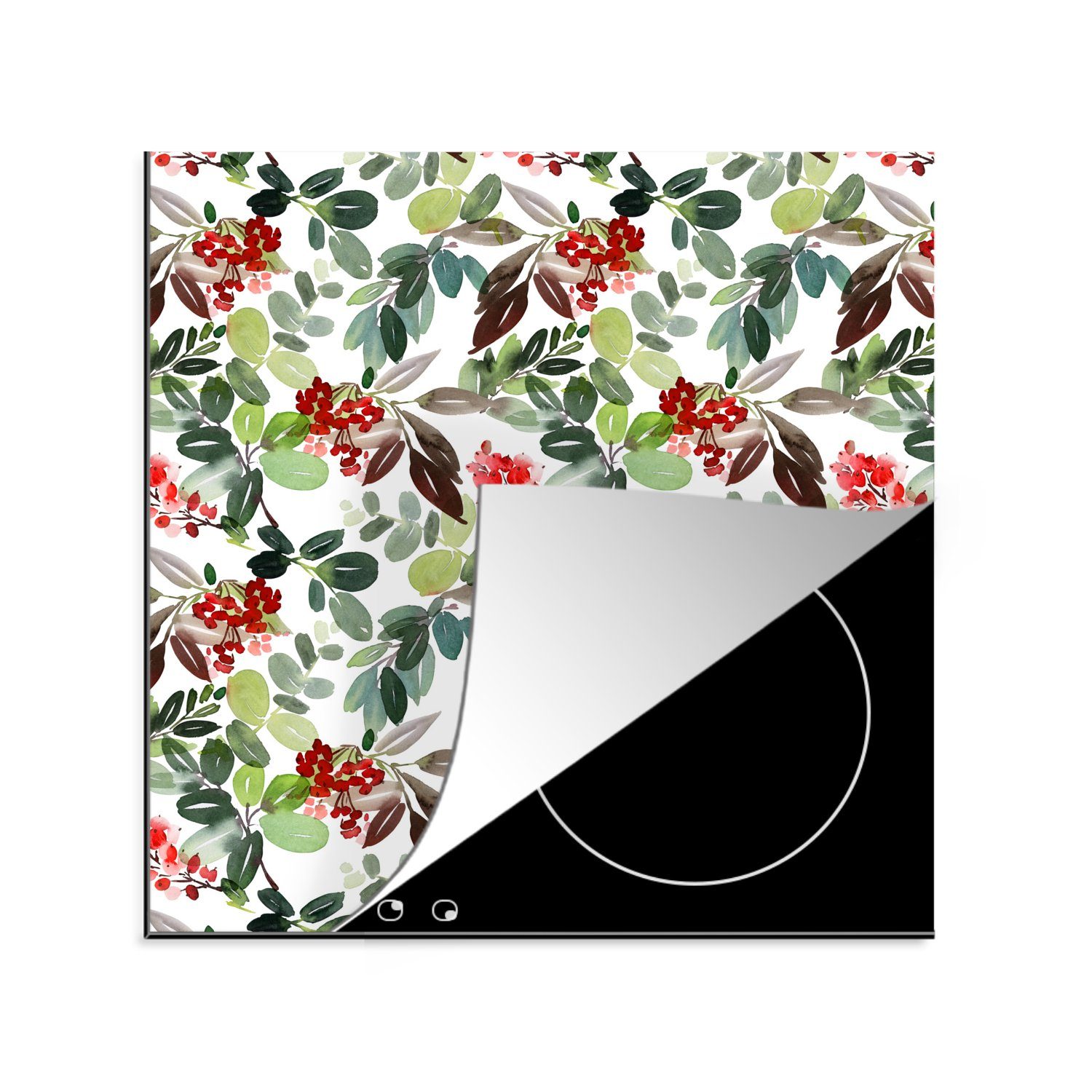 MuchoWow Herdblende-/Abdeckplatte Aquarell - Pflanzen - Rot, Vinyl, (1 tlg), 78x78 cm, Ceranfeldabdeckung, Arbeitsplatte für küche