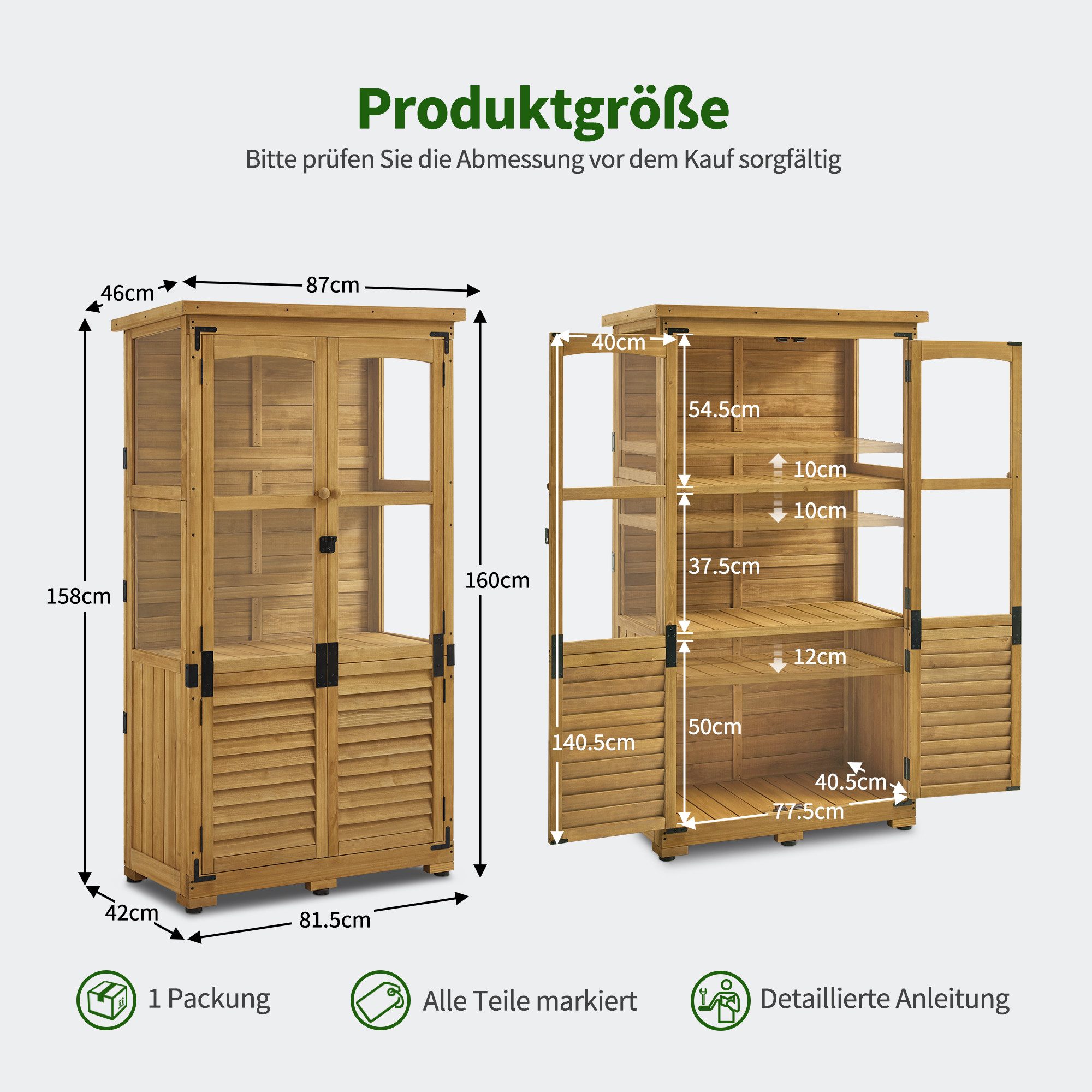 MCombo Gerätehaus M MCombo Gartenschrank Holz Wetterfest, 87×46×160 cm 0120, klein, Outdoor, Holz mit Acrylplatten, höhenverstellbar