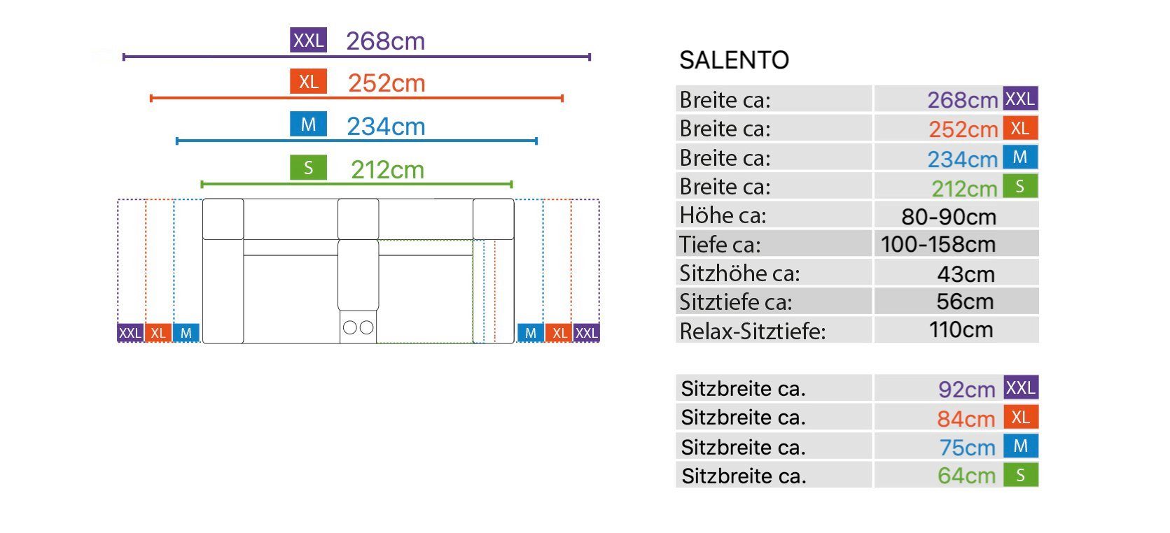 in SALENTO Dunkelbraun Sofanella x Stoff 212 Sofa cm Kinosofa 100 S: 2-Sitzer