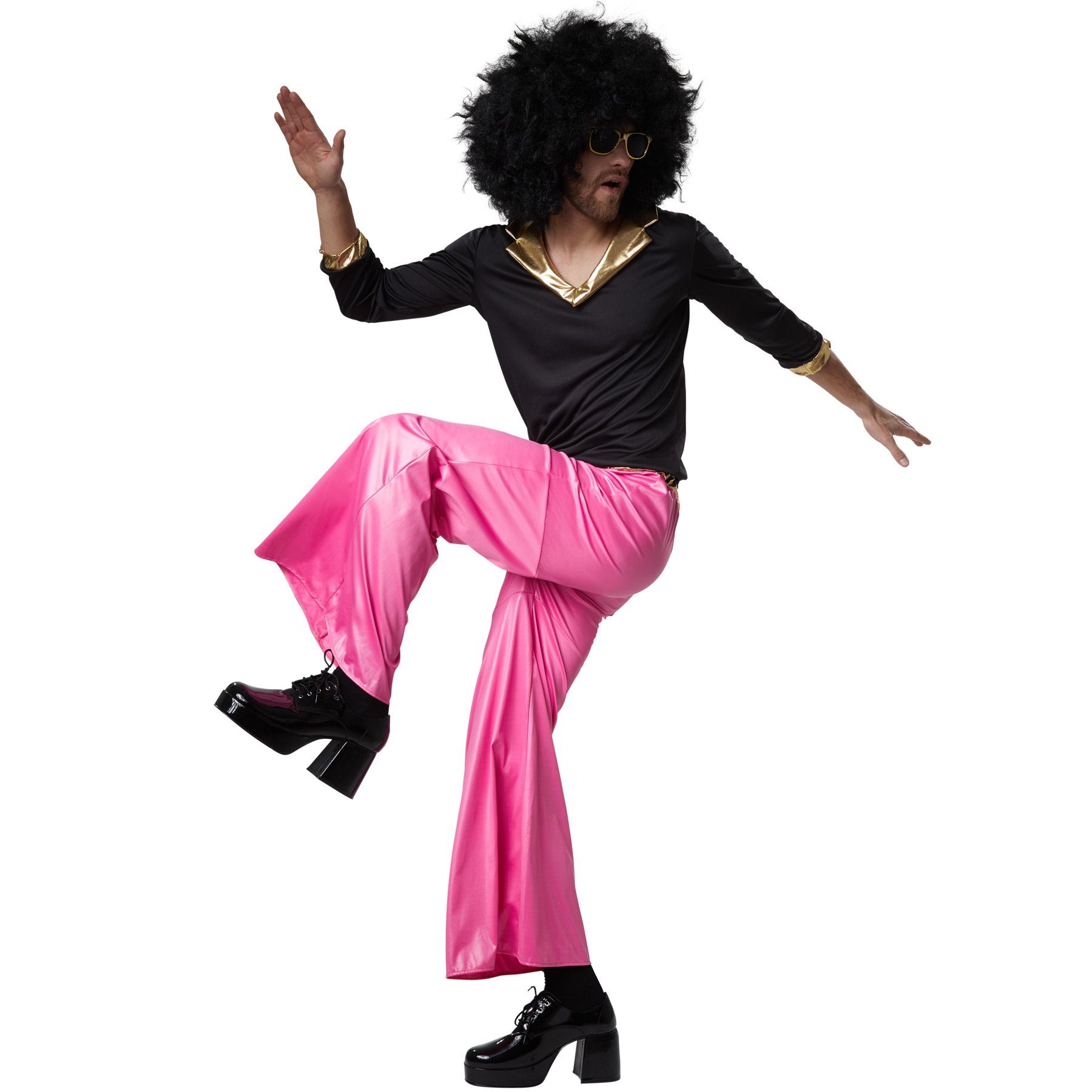 dressforfun Hippie-Kostüm Tänzer, auch Sänger, in der Farbe schwarz/pink, Gr. M, Hosenbund, Schlaghose mit Gummizug, Figurbetontes Oberteil mit langen Ärmeln