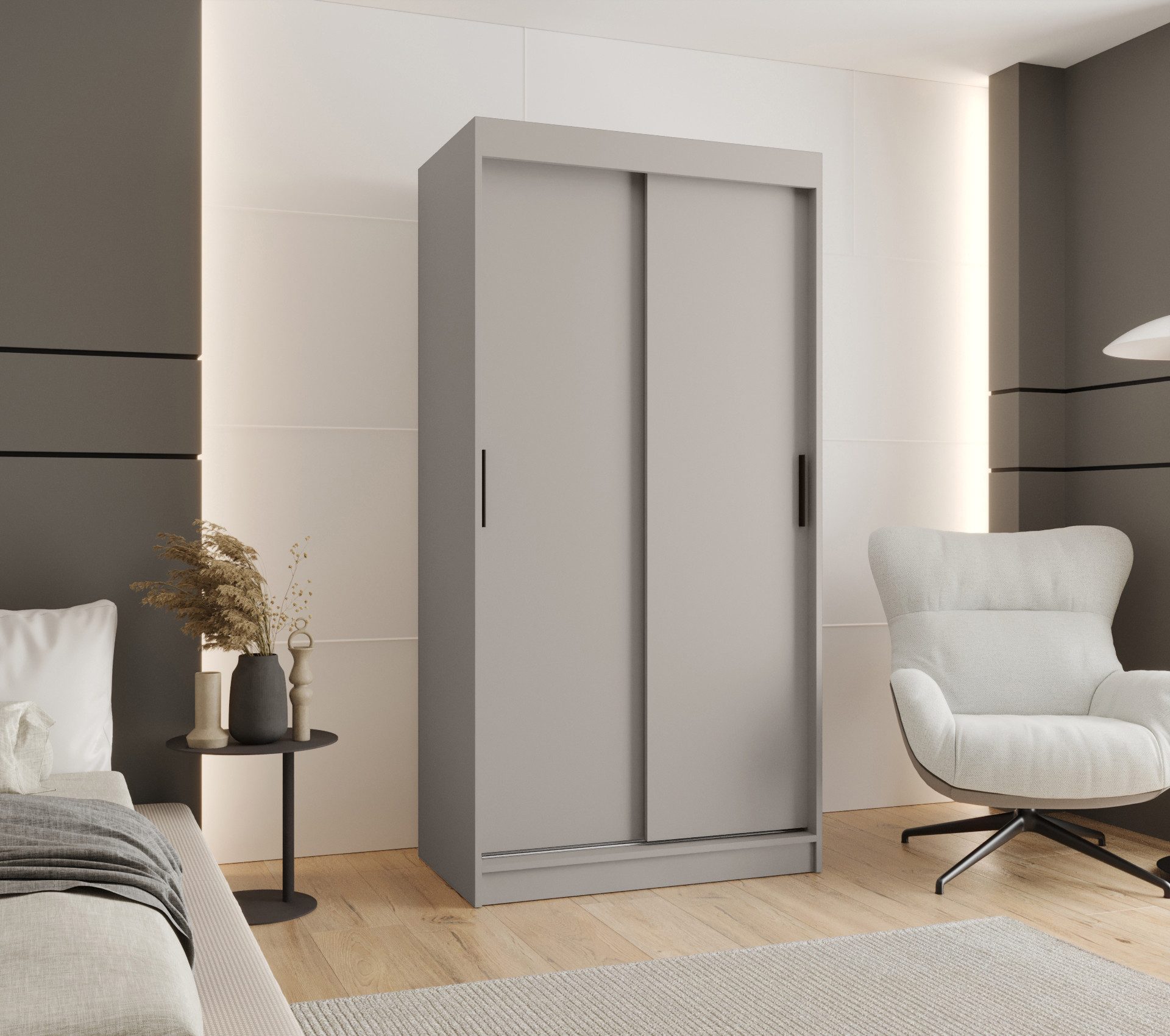 MOEBLO Schiebetürenschrank VELARO T (Moderner Kleiderschrank mit Schiebetüren, Kaschmir & schwarzen Griffen, flexibel einteilbar, mit optionalen Schubladen) (BxHxT):(BxHxT): 100/120/150/180/200/250 x 200 x 62 cm