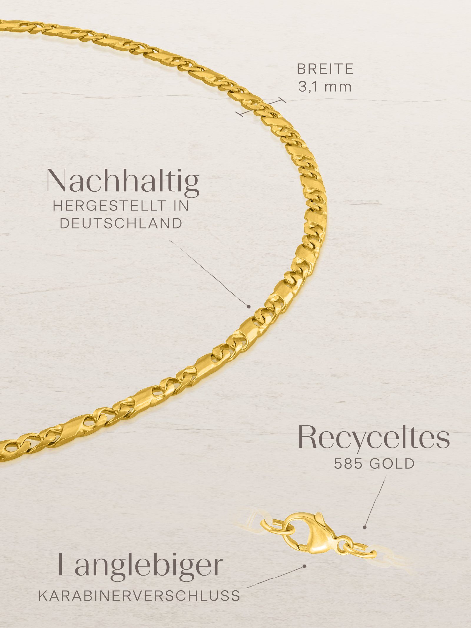 Herren Echtgold, 3,1mm Armkette, Armband Goldarmband Germany 585 19cm, Made modabilé Armkettchen Dollarkette in
