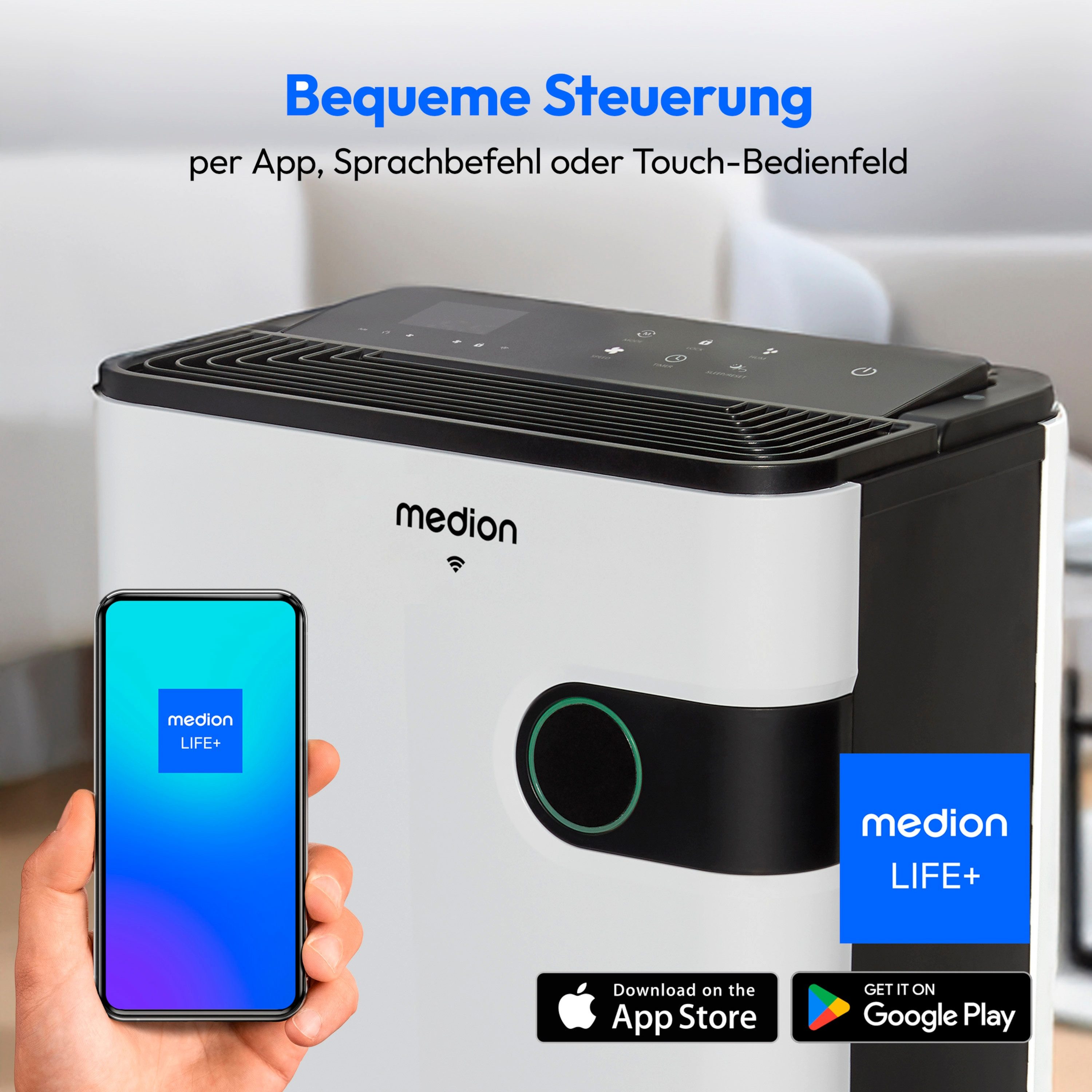 Medion® Luftentfeuchter Luftentfeuchter MEDION (MD 12044), App-Steuerung, 5 L Wassertank, bis 40qm, Touch Bedienfeld