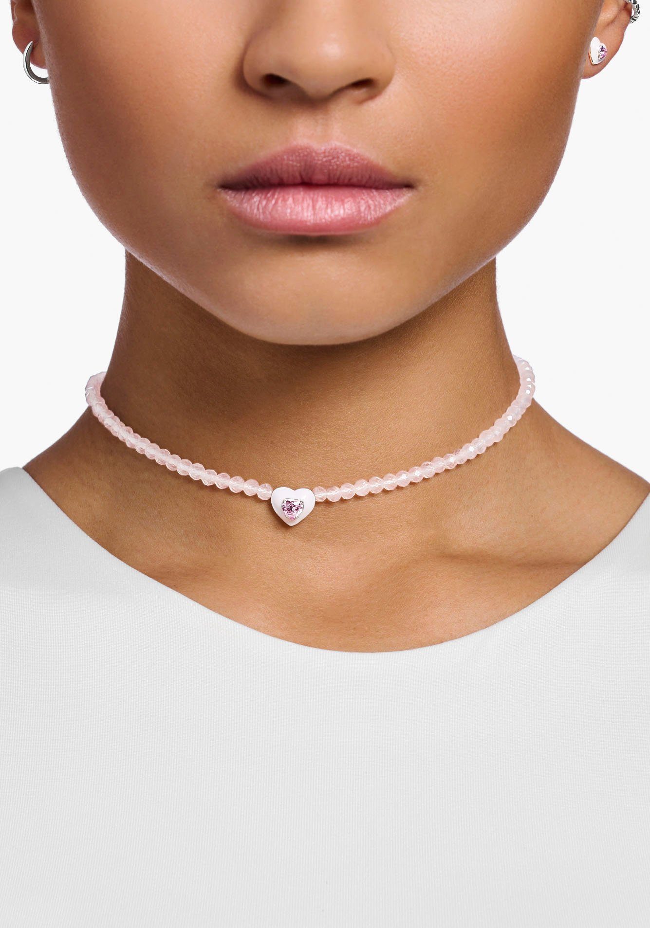 THOMAS SABO Choker Choker Herz mit pinken Perlen, KE2181-035-9-L42V, mit  Rosenquarz, Zirkonia (synth), Enganliegende Halskette aus kleinen,  rundgeschliffenen Rosenquarz-Beads