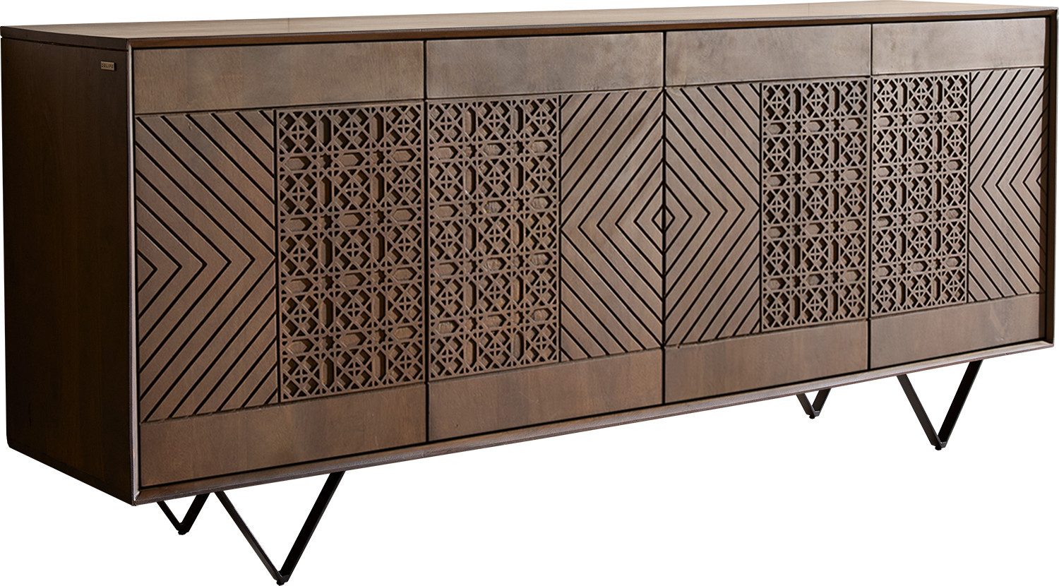 DELIFE Sideboard Manjula, Mango Braun 170 cm 4 Türen V-Fuß Metall Schwarz Sideboard