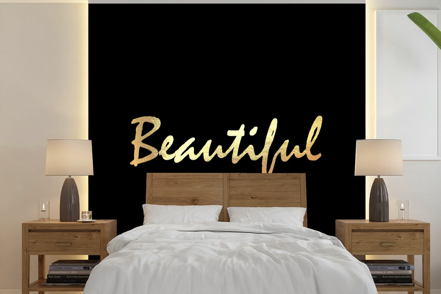 MuchoWow Fototapete Zitat - Schönheit - Schwarz - Gold, Matt, bedruckt, (5 St), Vinyl Tapete für Wohnzimmer oder Schlafzimmer, Wandtapete | Fototapeten