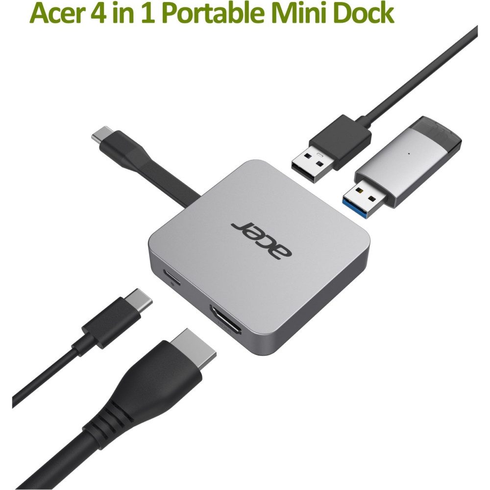 Acer Acer 4-in-1 USB-C Mini Dock - USB-Hub Maus (HDMI Port mit 4K Unterstützung, Typ C PD-Anschluss für Schnellladung, Äußerst kompaktes Design)