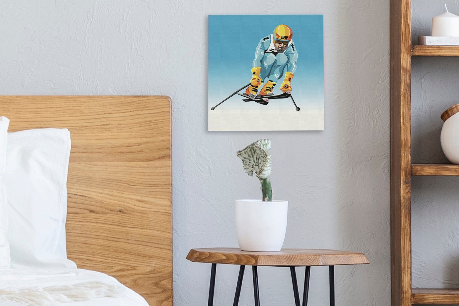 Wohnzimmer St), OneMillionCanvasses® Illustration, großen für Ein macht einen Bilder Sprung einer Skifahrer in (1 Leinwandbild Leinwand Schlafzimmer