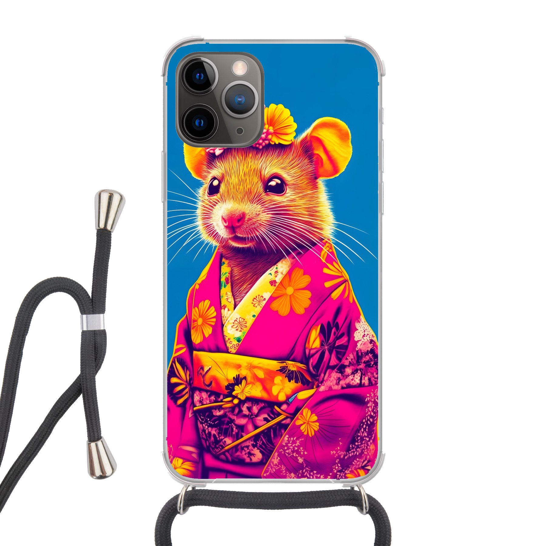 MuchoWow Handyhülle für Apple iPhone 13 Pro Max Maus - Kimono - Blumen - Blau, Tragbare Handyhüllen mit Kette zum umhängen, Handykette Handyband