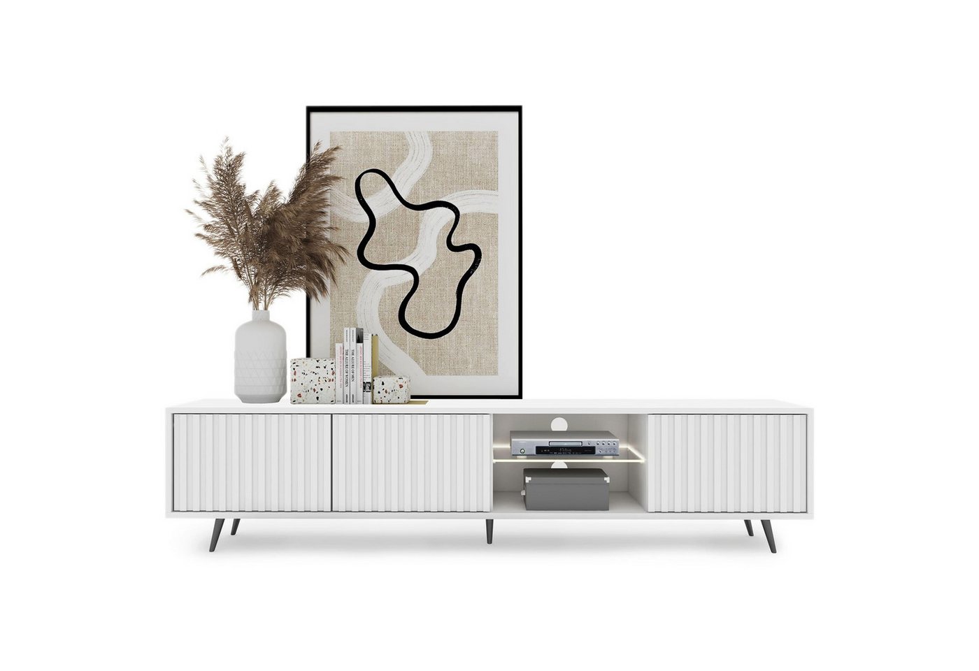 Selsey TV-Schrank Bello mit schwarzen Füßen, Lamellenfronten und LED, 175 cm