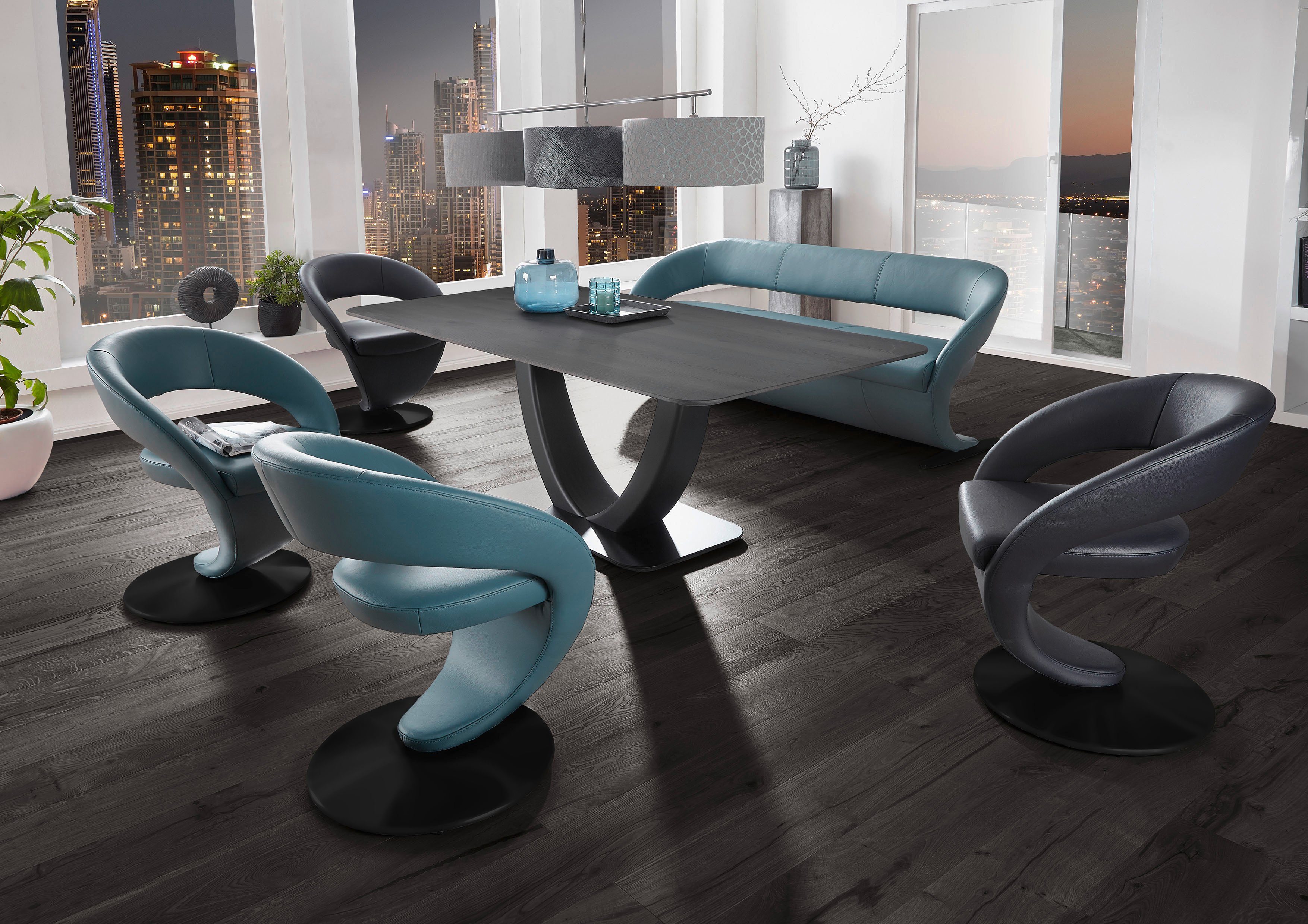 K+W Komfort & Wohnen Essgruppe Wave, (Set, 6-tlg), Design-Solobank mit 4 Drehstühlen in zwei Farben und Tisch in 180x90cm blau/ grau