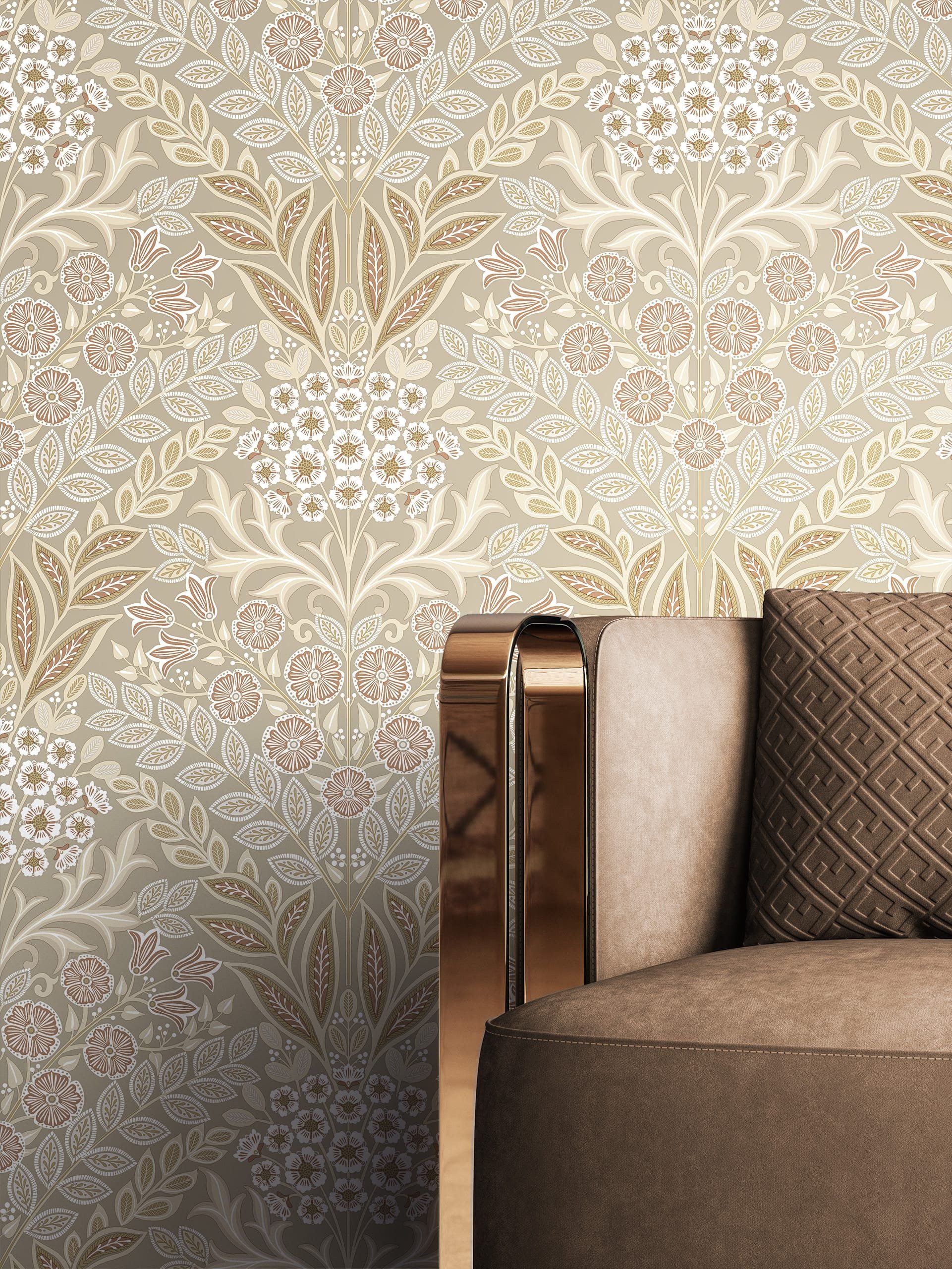 Newroom Vliestapete Bianca Beige Tapete Blumentapete Blumen,Blätter,Ornamente, Beige Tapete Floral Blumen - Blumentapete Floral Weiß Rose Romantisch 3D Optik Blätter Ornamente für Wohnzimmer Schlafzimmer Küche, Floral