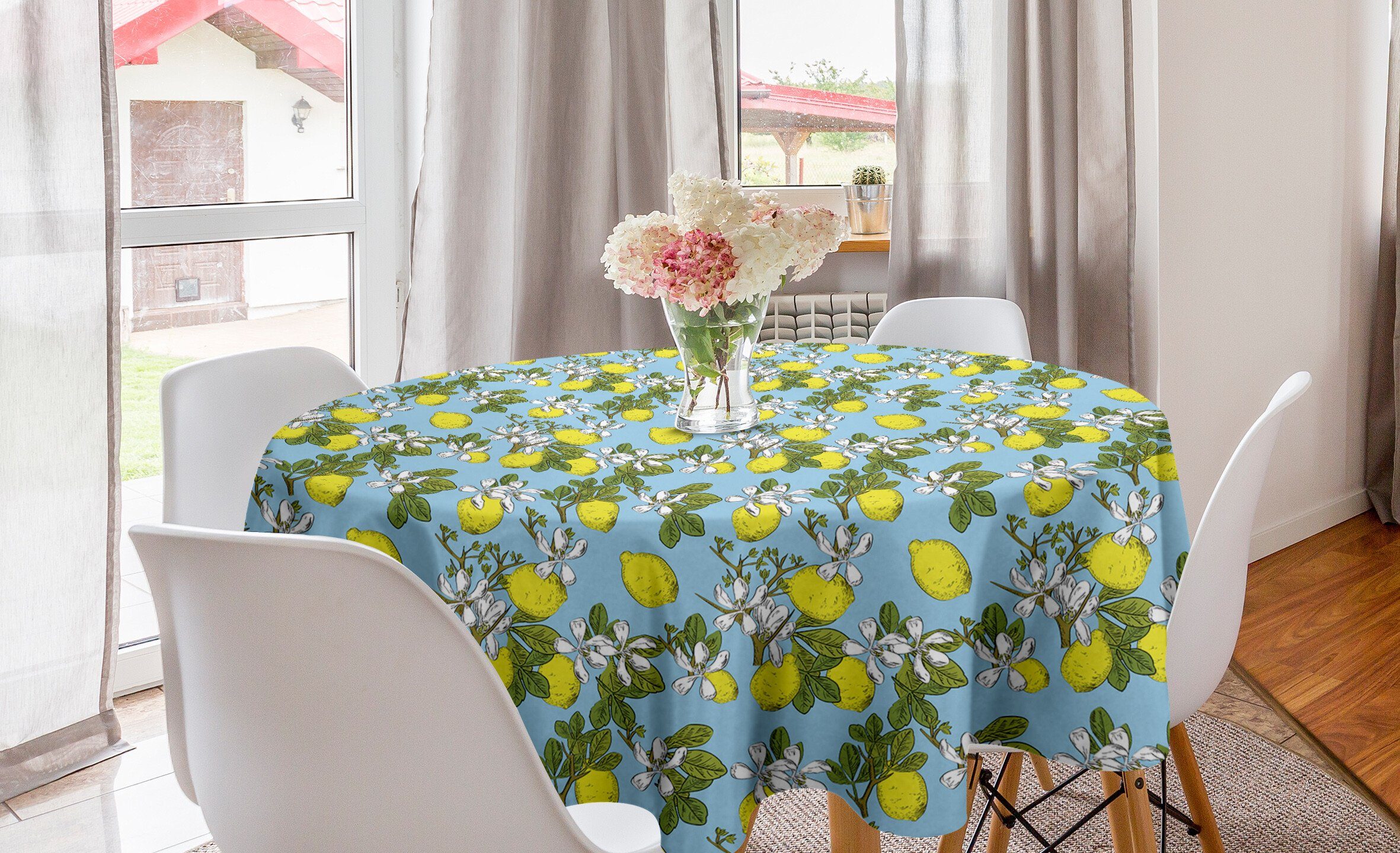 für Motiv Tischdecke Abdeckung Blüten Esszimmer Lemon Dekoration, Kreis Küche mit Tischdecke Abakuhaus Botanisch